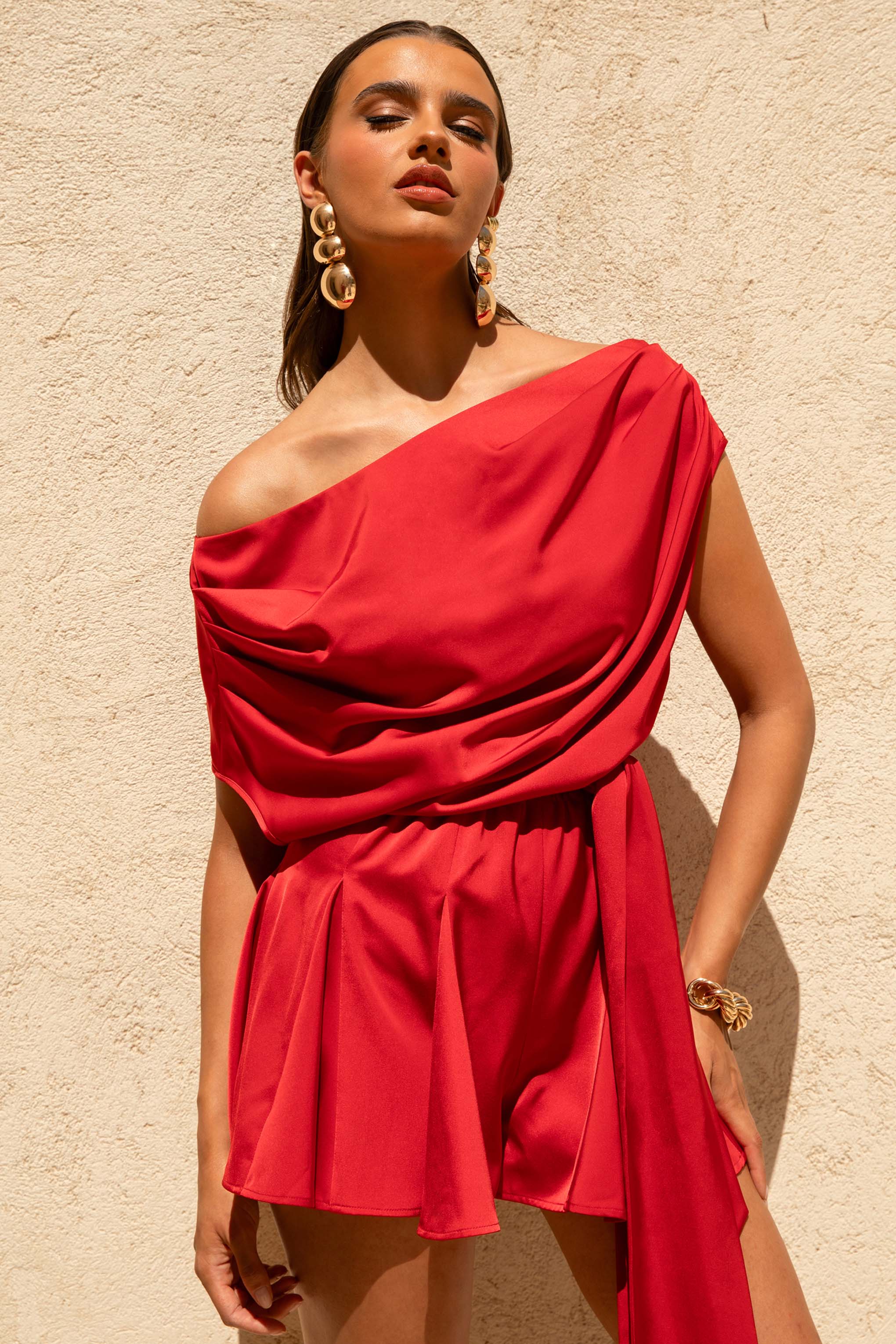 Clydie | Red Satin Asymmetric Playsuit With Tie-Waist