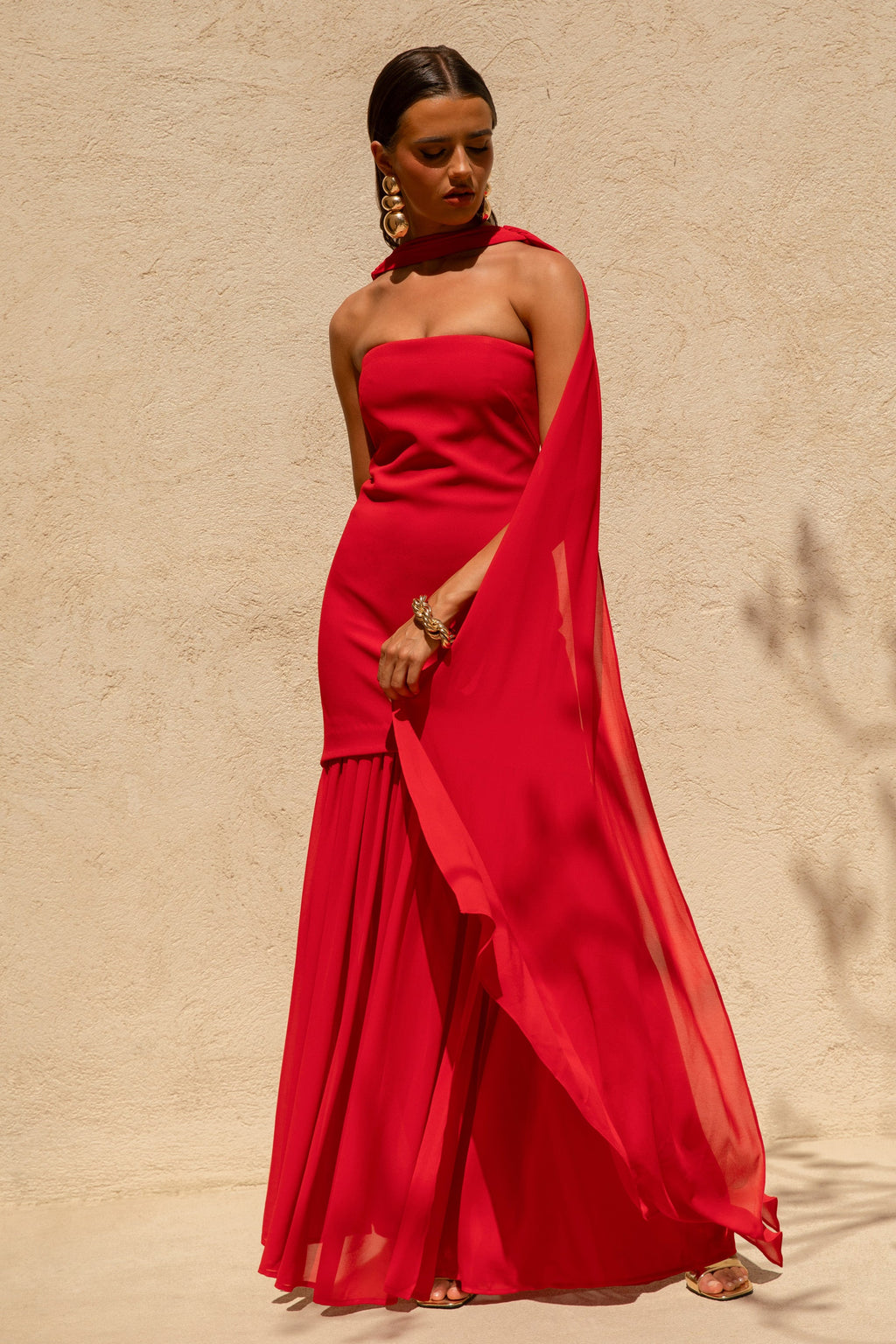 Kylie | Red High-Neck Maxi Dress With Chiffon Skirt