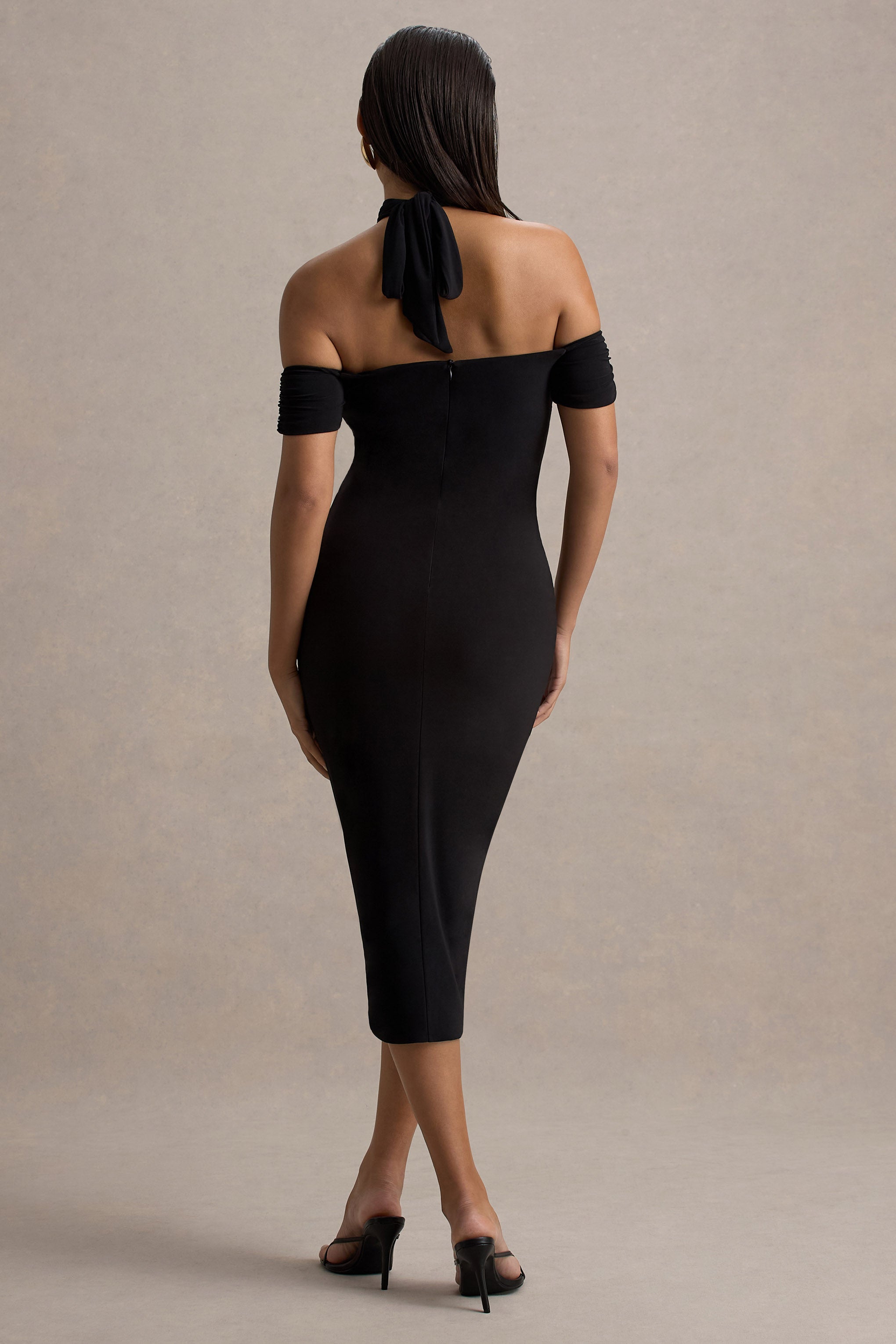 Selvina | Black Cut-Out Halter-Neck Midi Dress