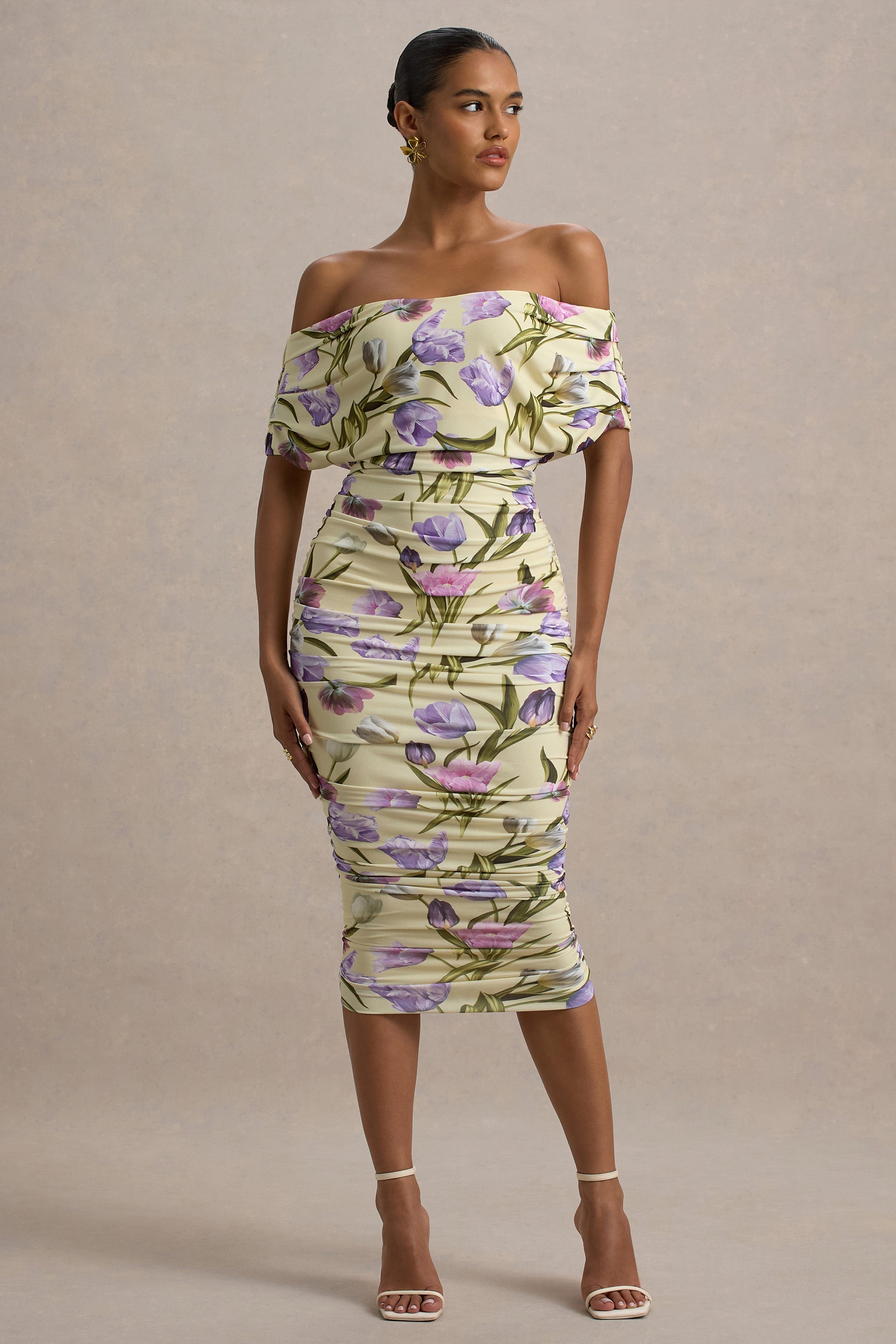 Rayleigh | Tulip Floral Print Bardot Ruched Midi Dress
