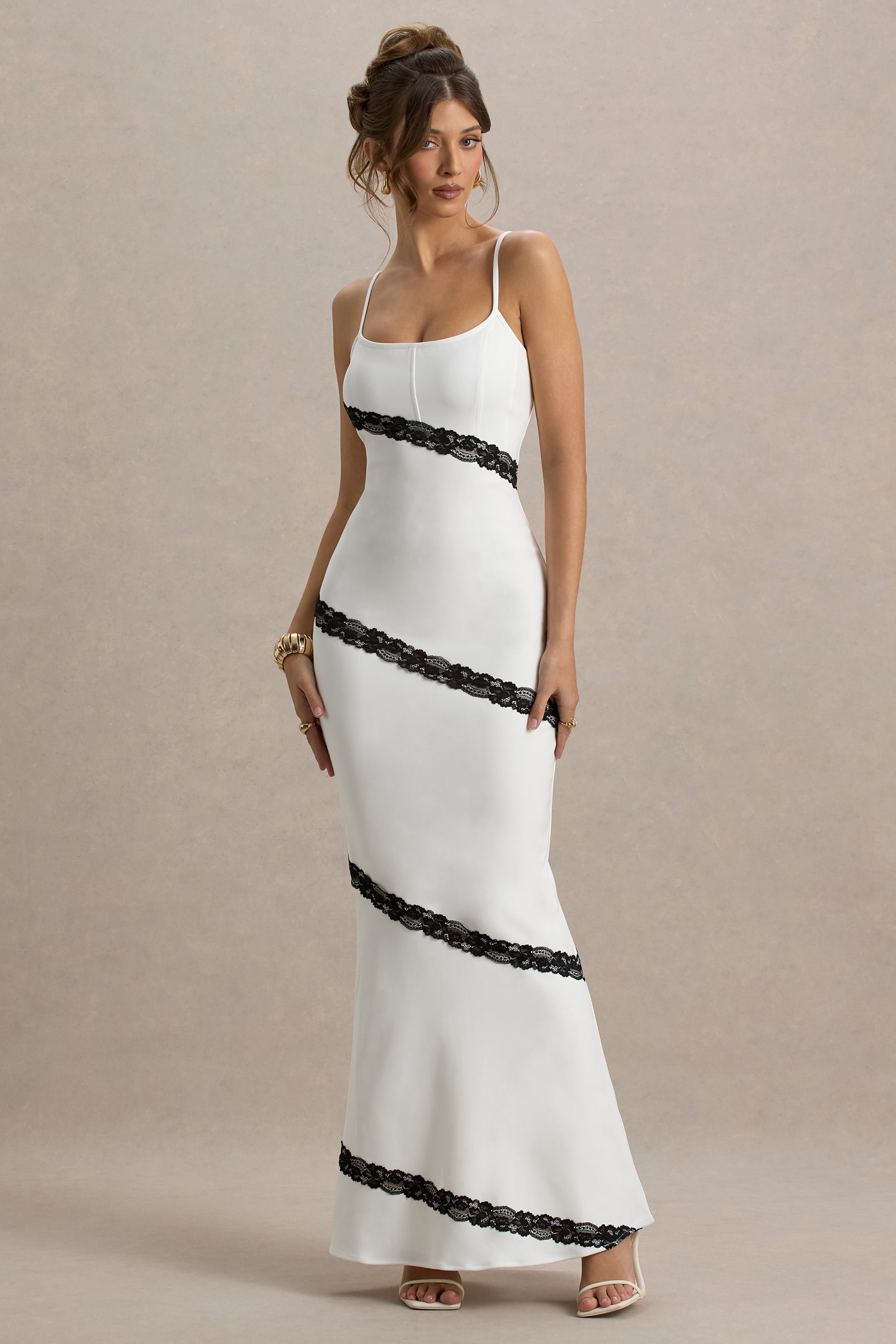 Elizabeth | White & Black Strappy Lace-Trimmed Maxi Dress