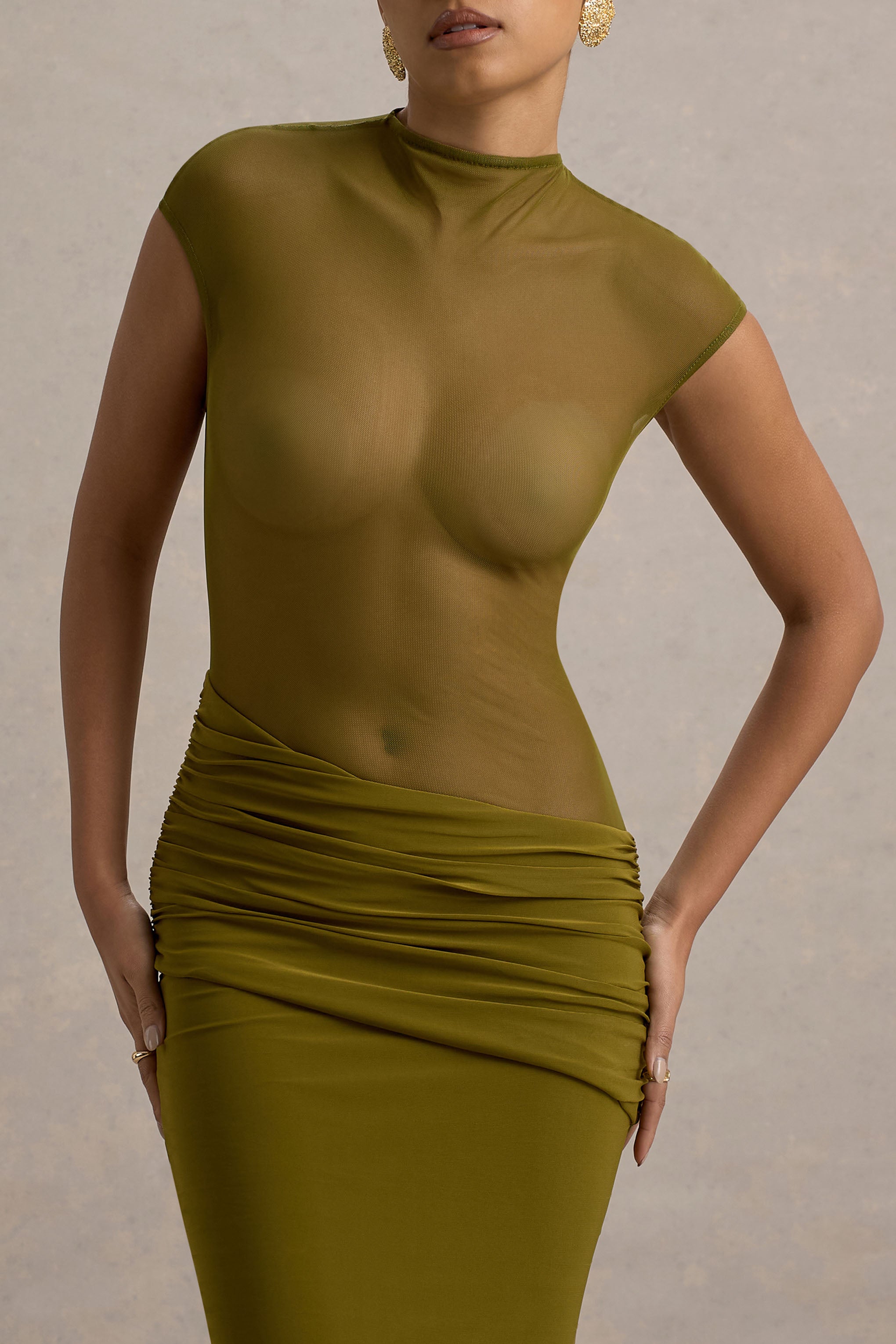 Asia | Green Sheer Short-Sleeve Draped Maxi Dress