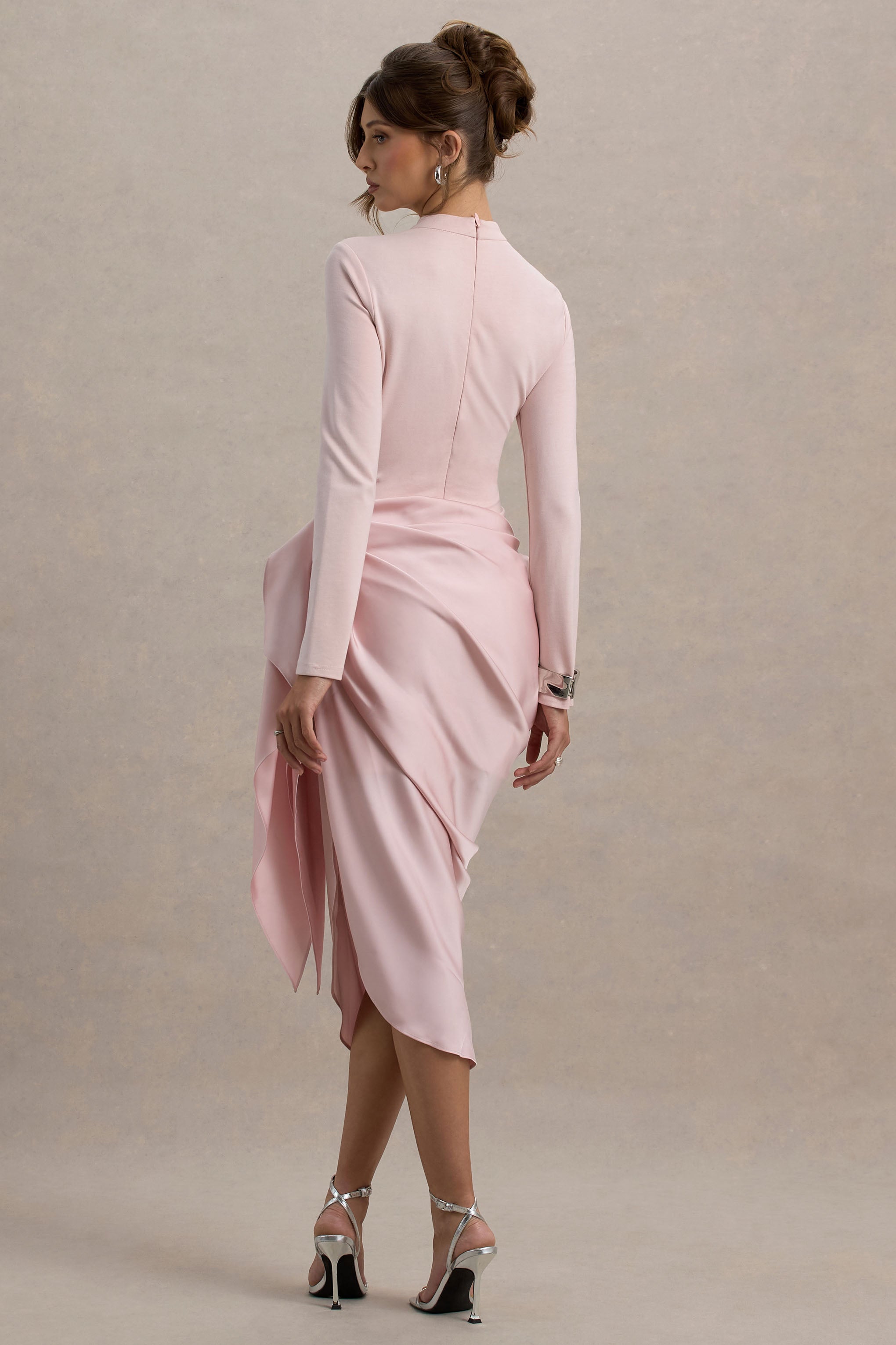 Raffie | Pink Long-Sleeve Midi Dress With Satin Wrap Skirt