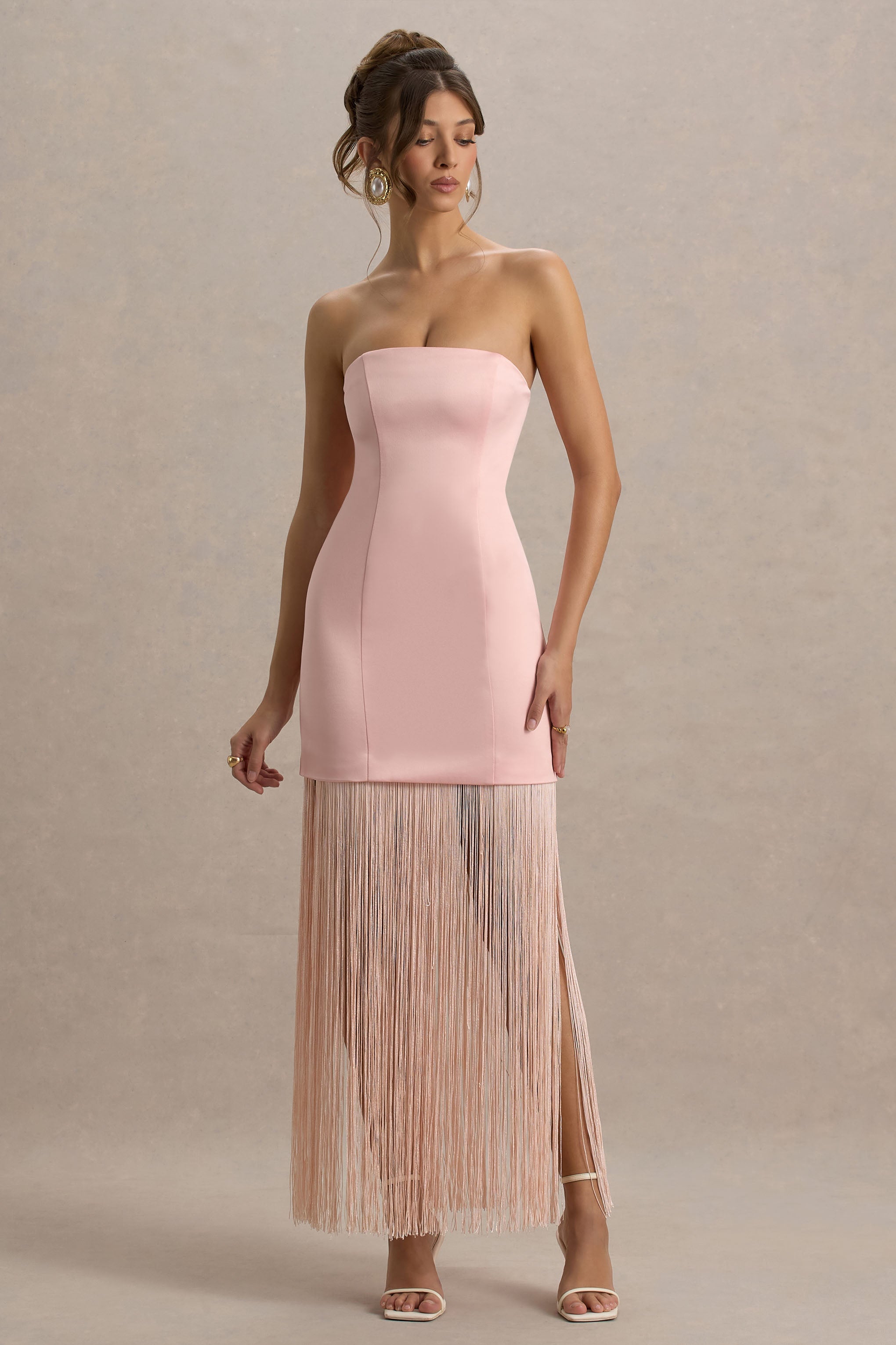 Trinity | Blush Pink Satin Bandeau Maxi Dress With Fringe