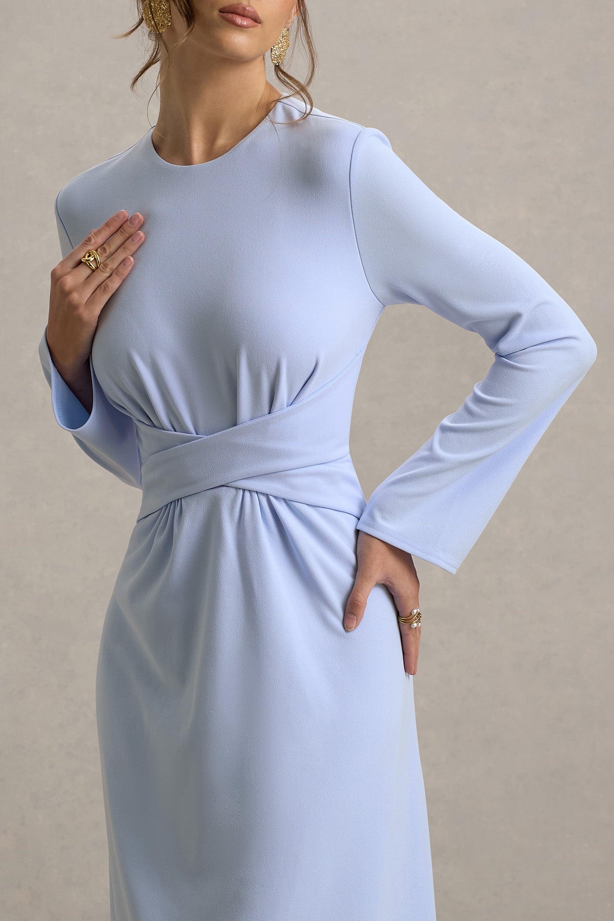 Cassiopeia | Powder Blue Long-Sleeve Midi Dress With Cross Waist