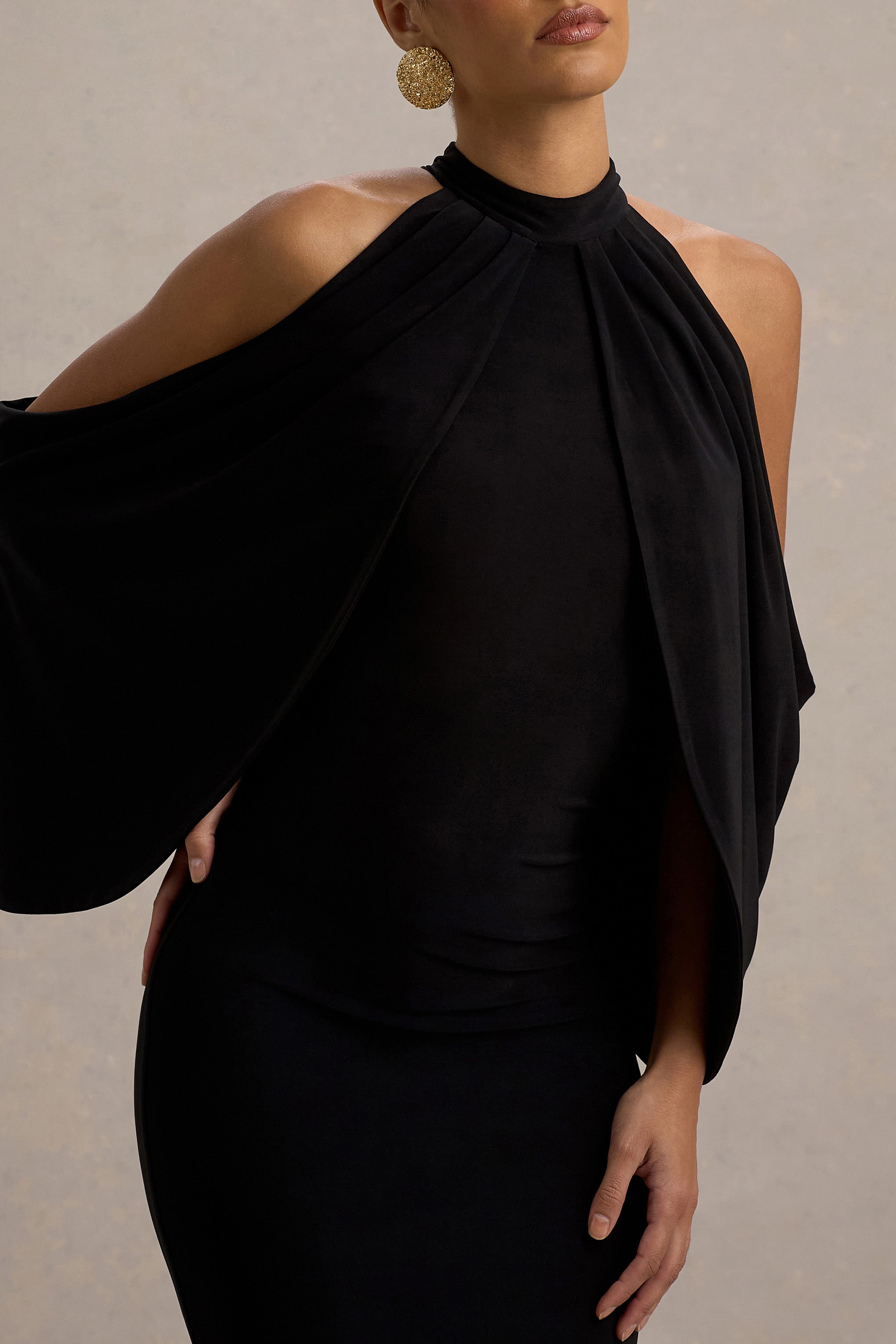 Teresa | Black High-Neck Cold-Shoulder Maxi Dress