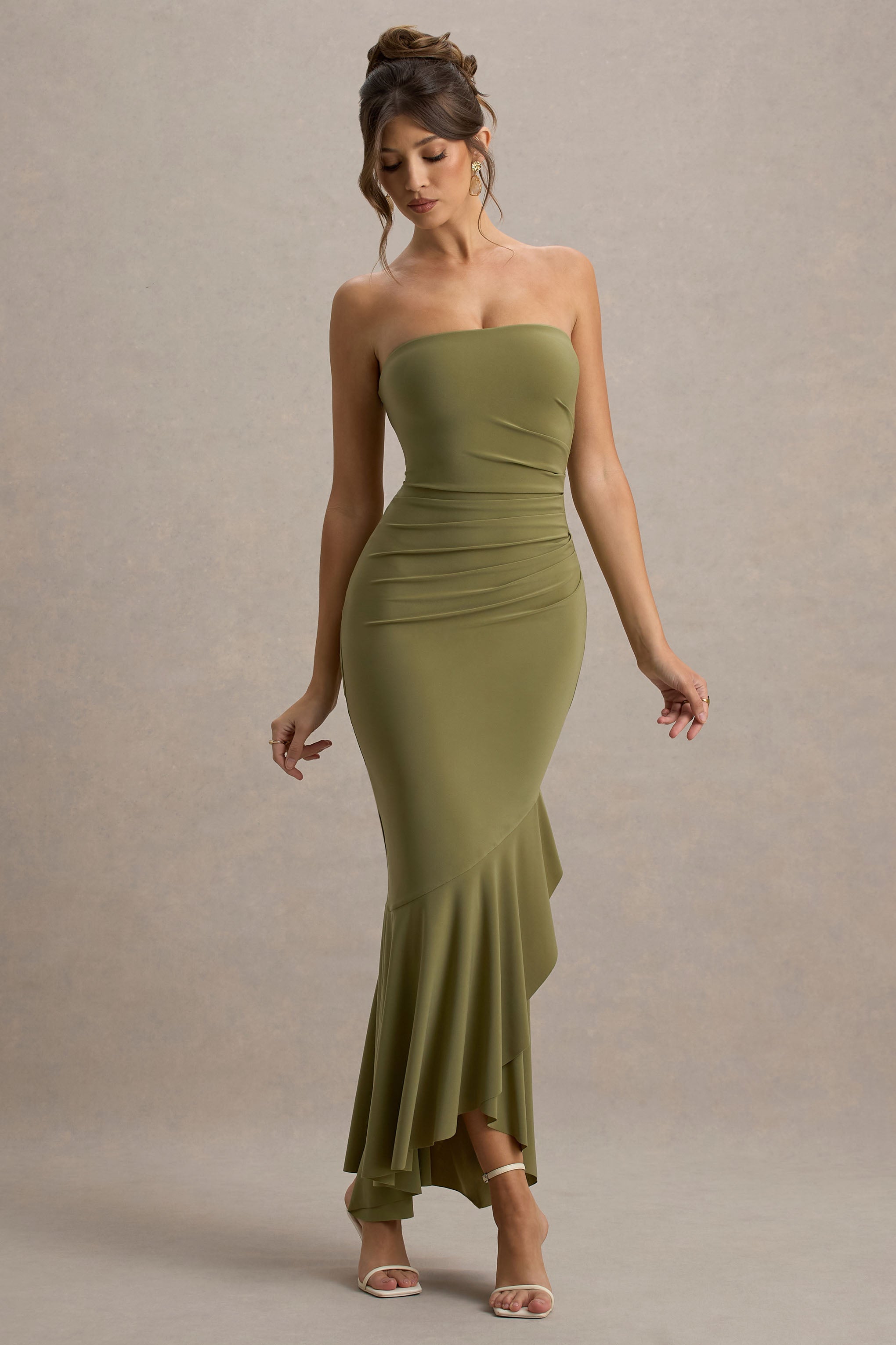Capria | Olive Green Bandeau Wrap Maxi Dress