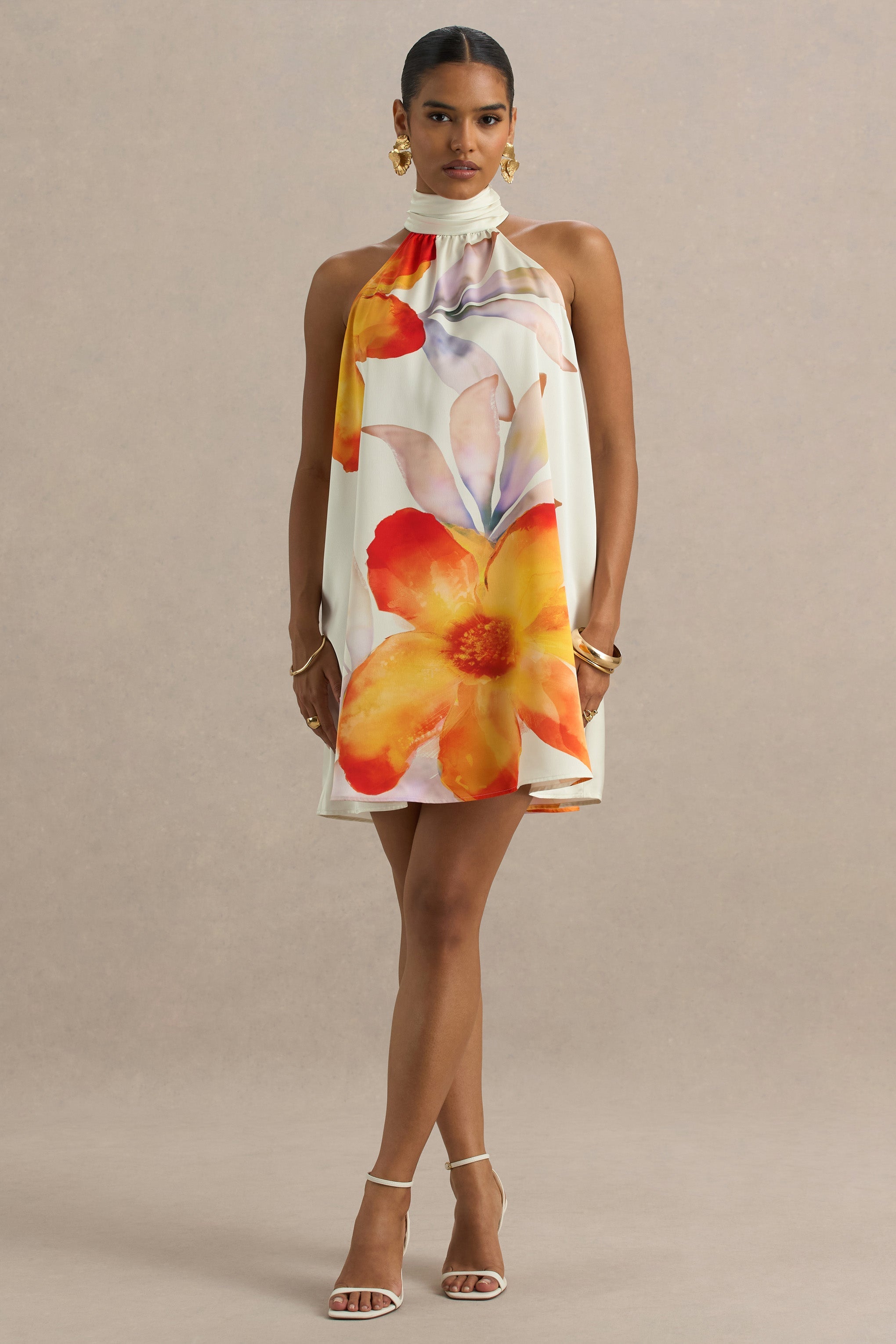 Evita | Orange Floral High-Neck Satin Mini Dress