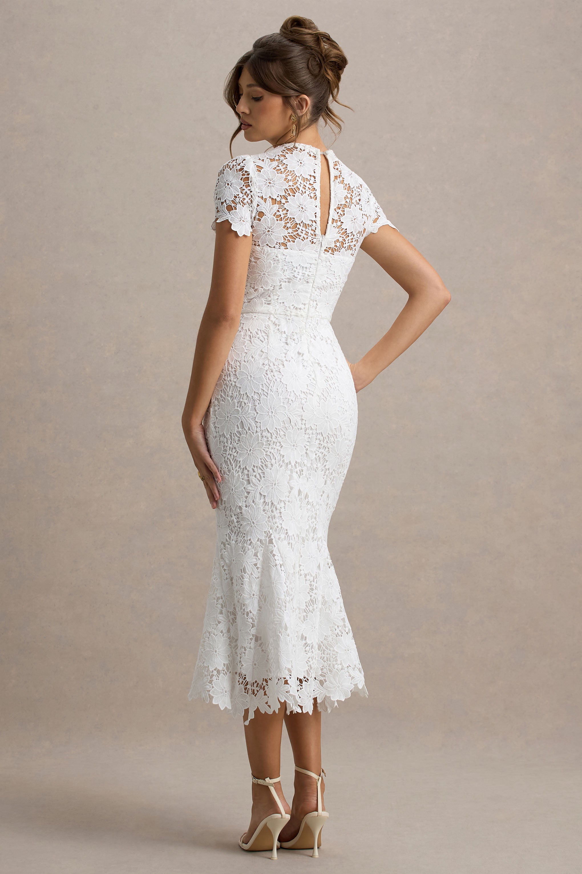 Clarissa | White Lace Short-Sleeve Pleated Midi Dress
