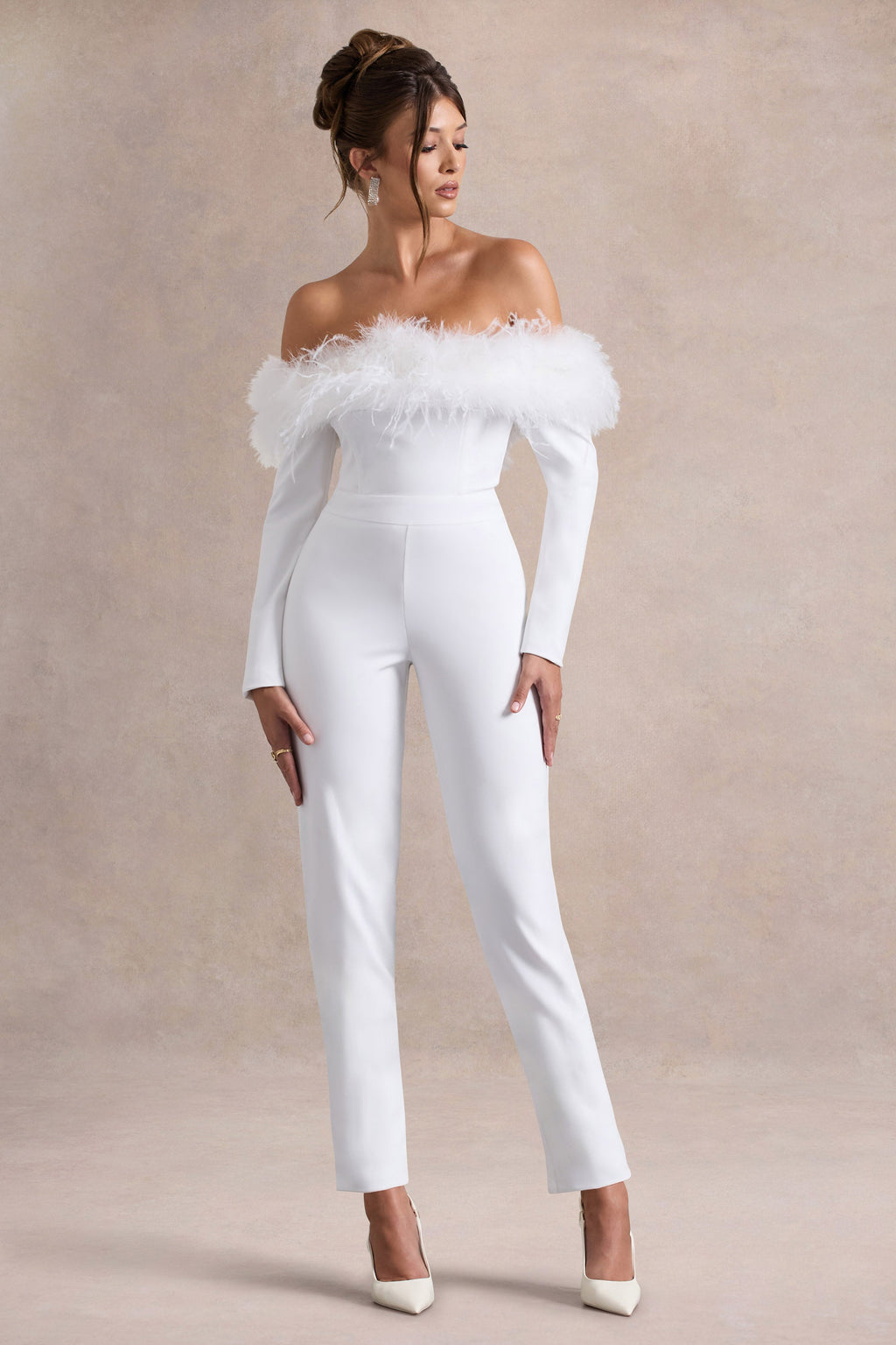 Ales | White Bardot Tailored Straight-Leg Jumpsuit With Feather Trim
