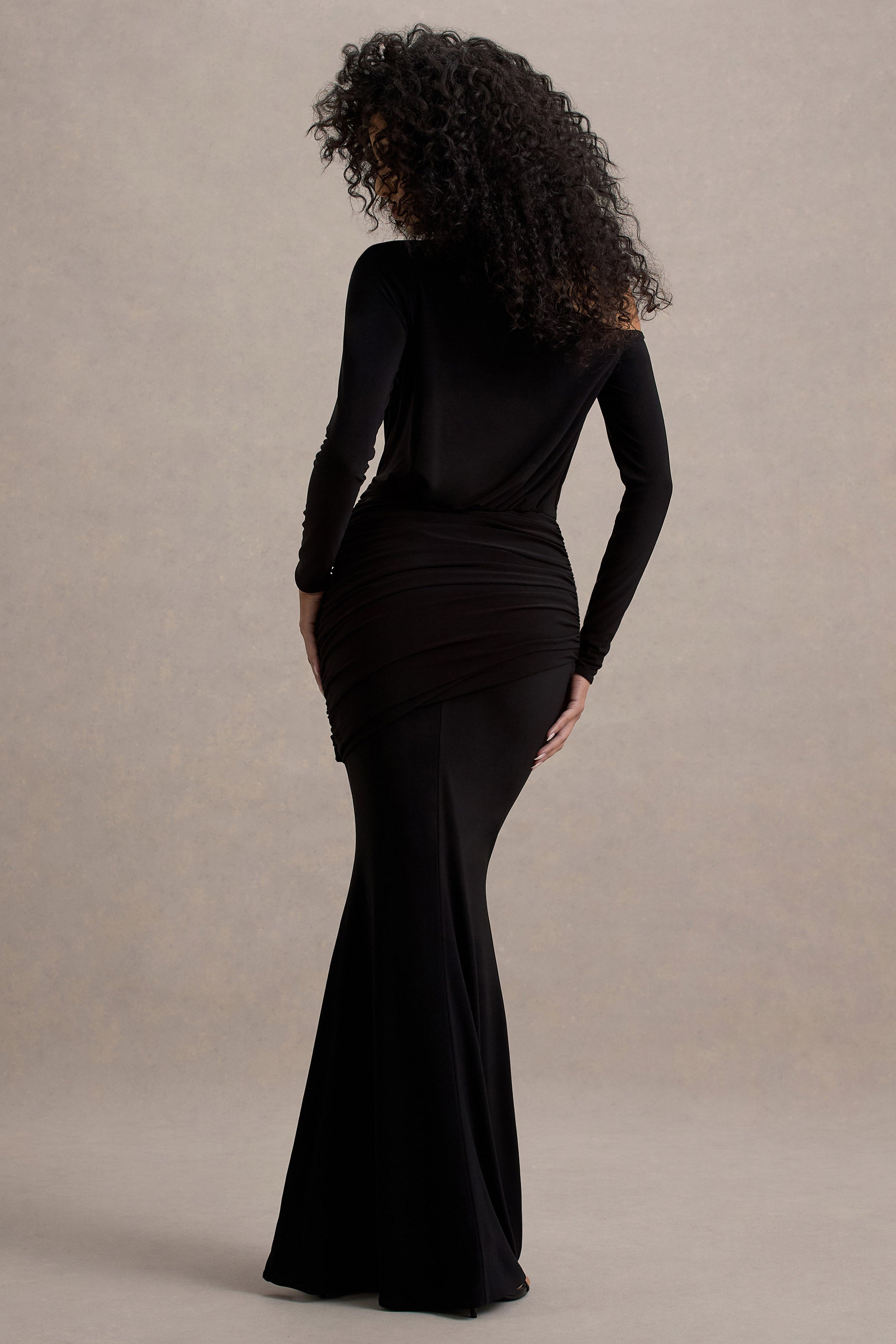 Deanna | Black Asymmetric Long-Sleeve Ruched Maxi Dress