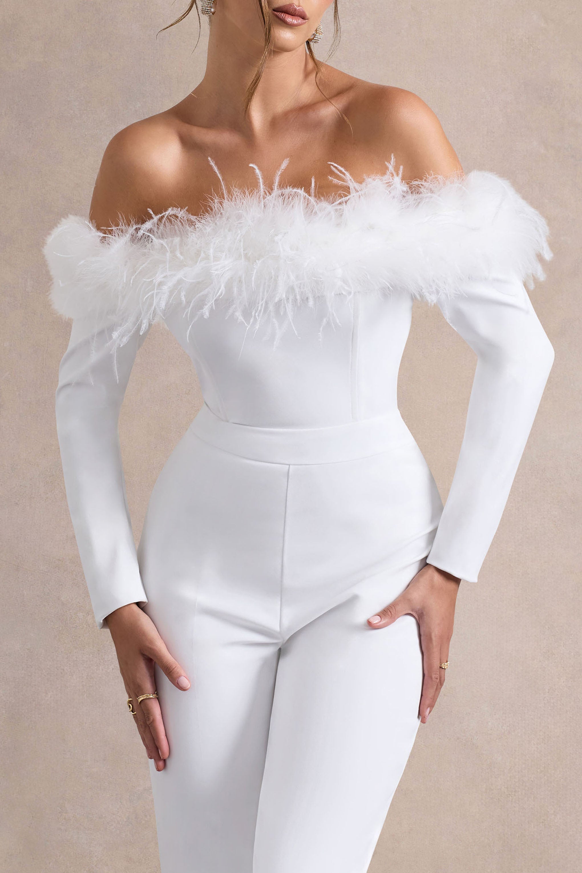 Ales | White Bardot Tailored Straight-Leg Jumpsuit With Feather Trim