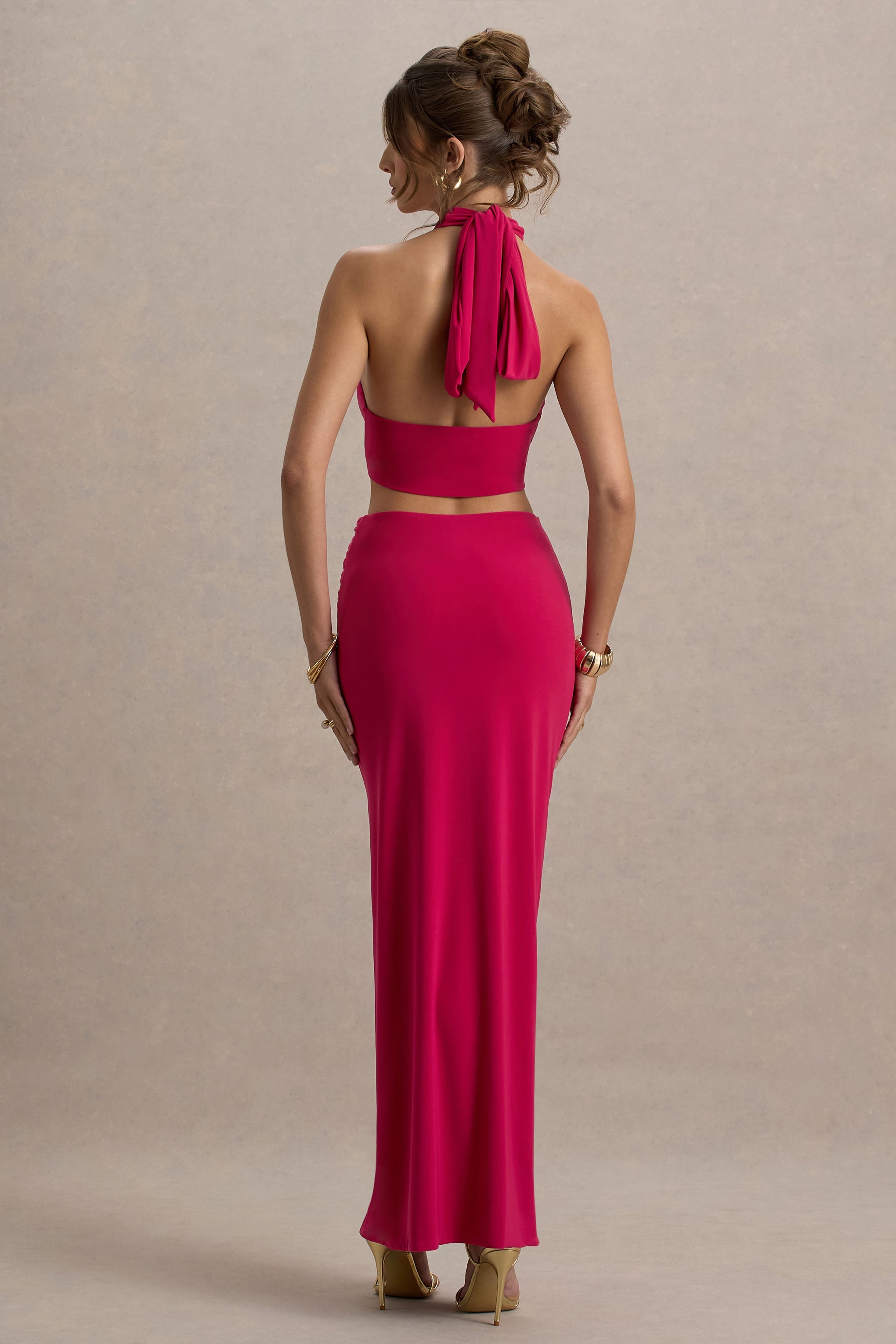 Aura | Hot Pink Halter-Neck Cut-Out Split Maxi Dress