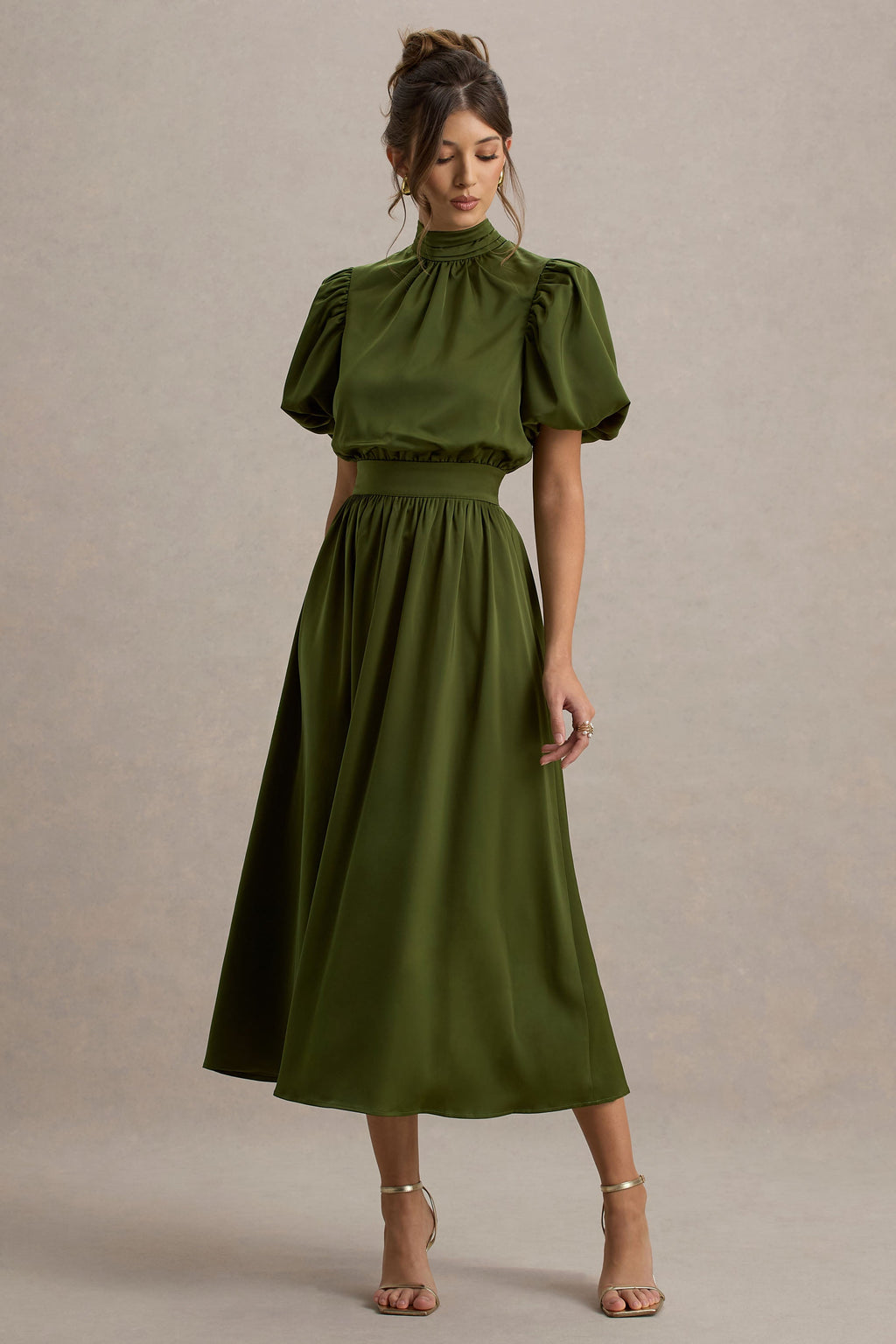 Persea | Olive Satin Puff-Sleeve Midi Dress With Bow