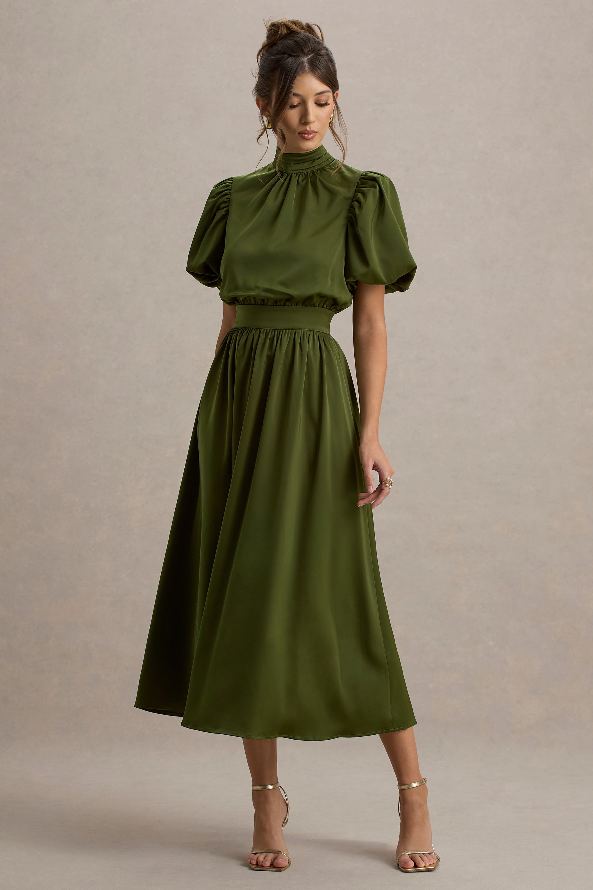 Persea | Olive Satin Puff-Sleeve Midi Dress With Bow