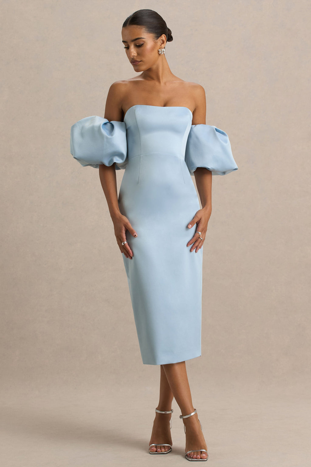 Imogen | Powder Blue Satin Short-Sleeve Bardot Midi Dress With Ruffle Detail