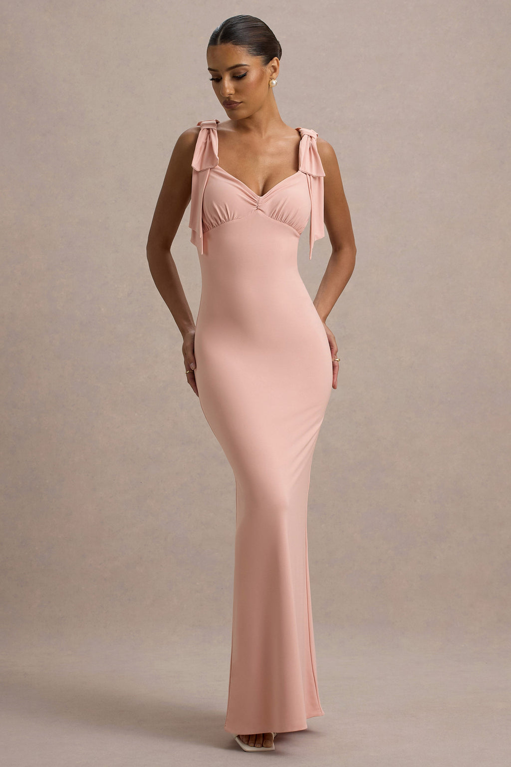 Evanna | Pink V-Neck Maxi Dress With Bow Straps