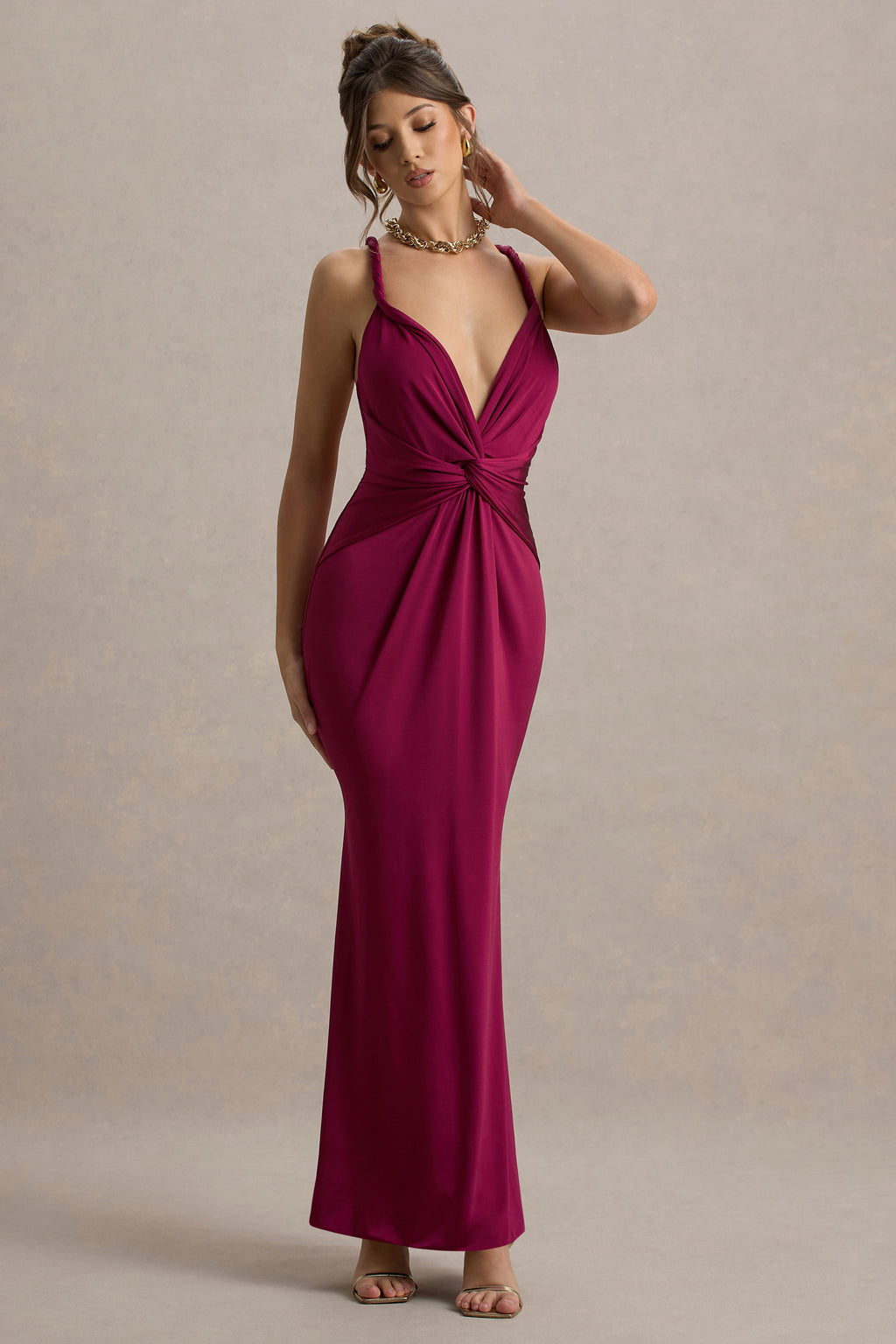 Santez | Dark Cherry Twisted Plunge-Neck Maxi Dress