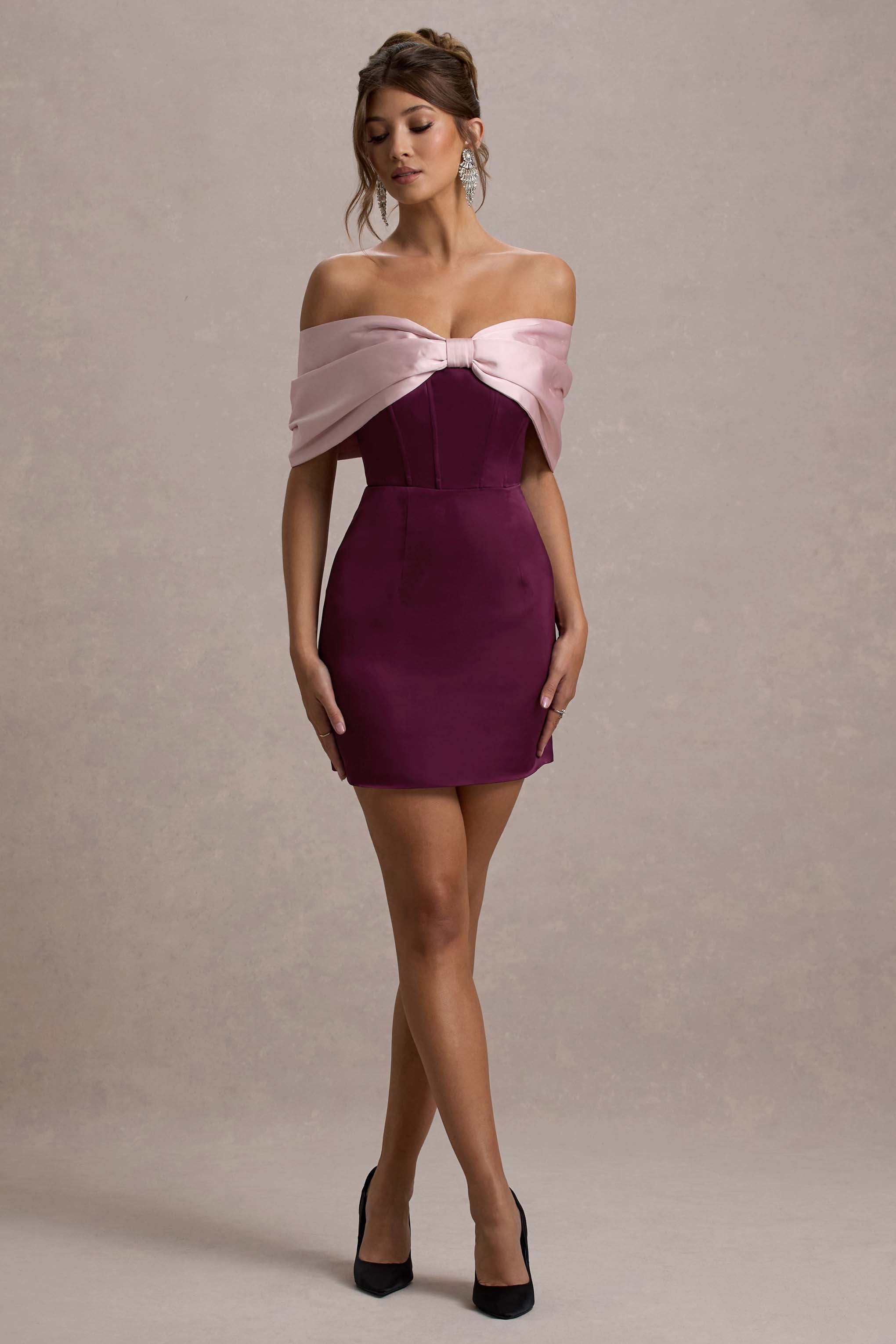 Linley | Burgundy & Pink Satin Bow Bardot Mini Dress