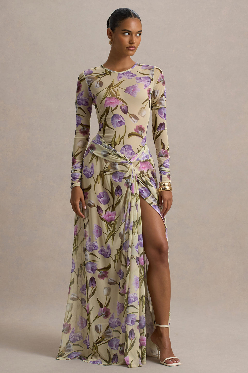 Koami | Yellow Floral Long-Sleeve Ruched Maxi Dress With High Split