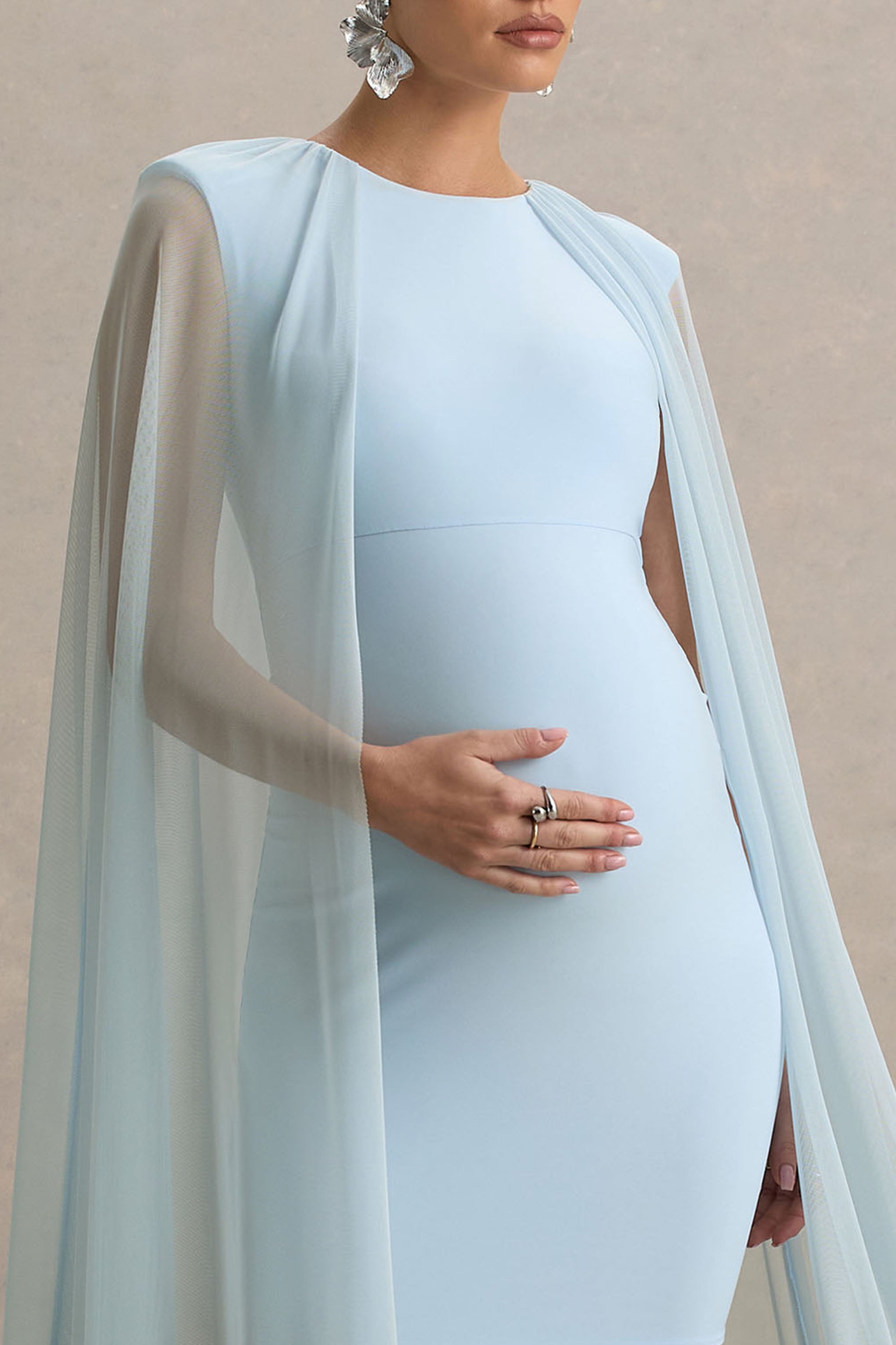 Charlene | Powder Blue High-Neck Maternity Mini Dress With Mesh Cape