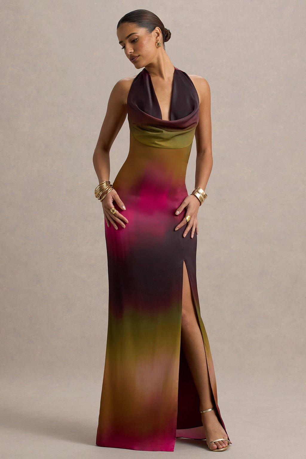 Fiorella | Ombre Print Cowl-Neck Split Maxi Dress