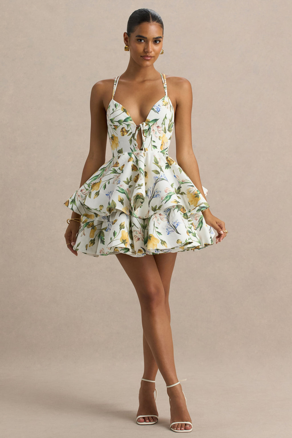 Flavia | White Botanical Print Linen Plunge-Neck Ruffled Skater Micro-Mini Dress