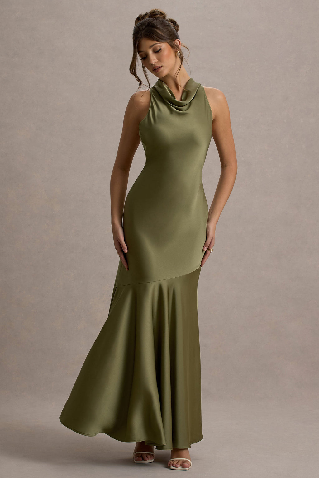 Amelita | Khaki Satin Cowl-Neck Maxi Dress