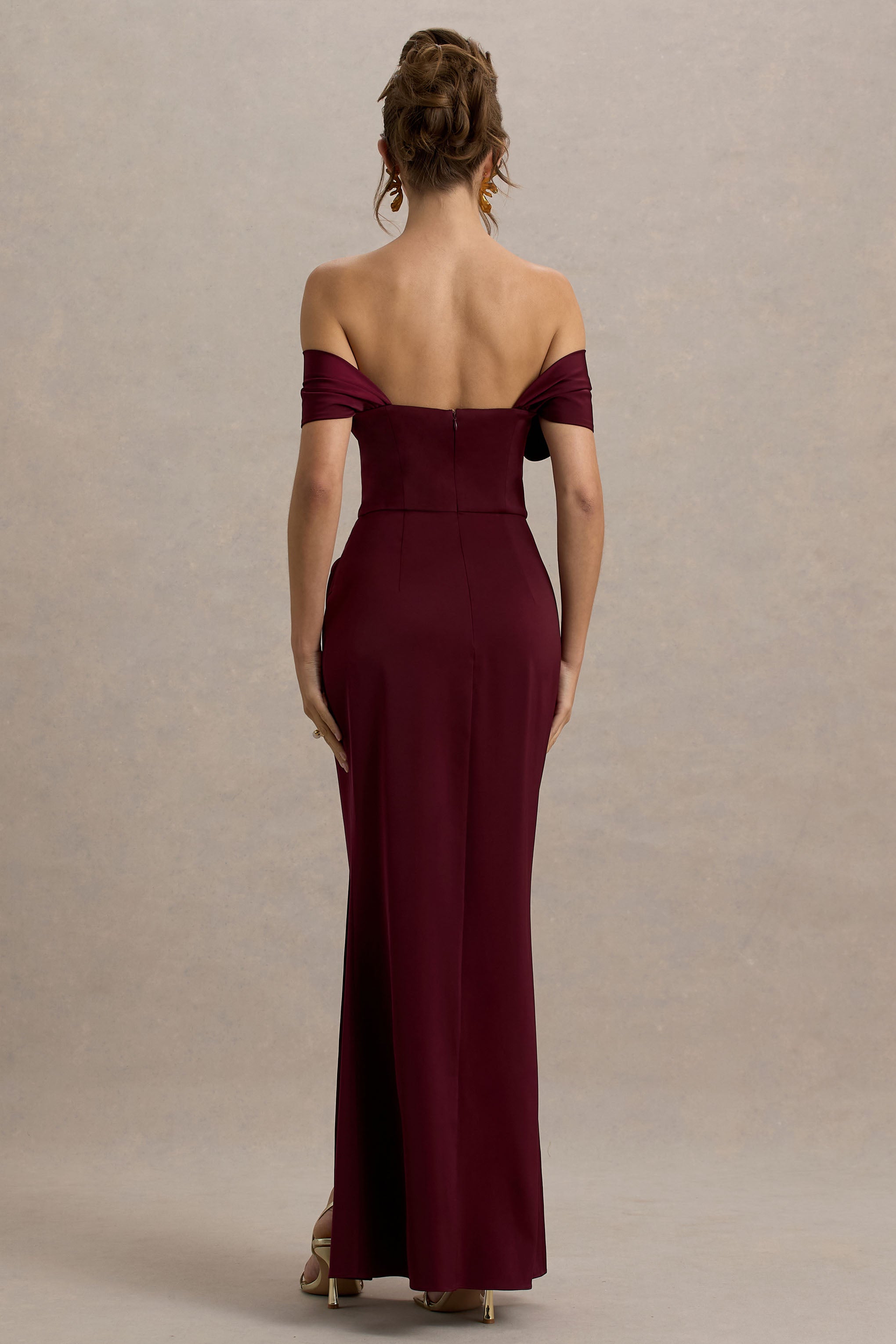 Annie | Burgundy Satin Bardot Maxi Dress With Split Wrap Skirt