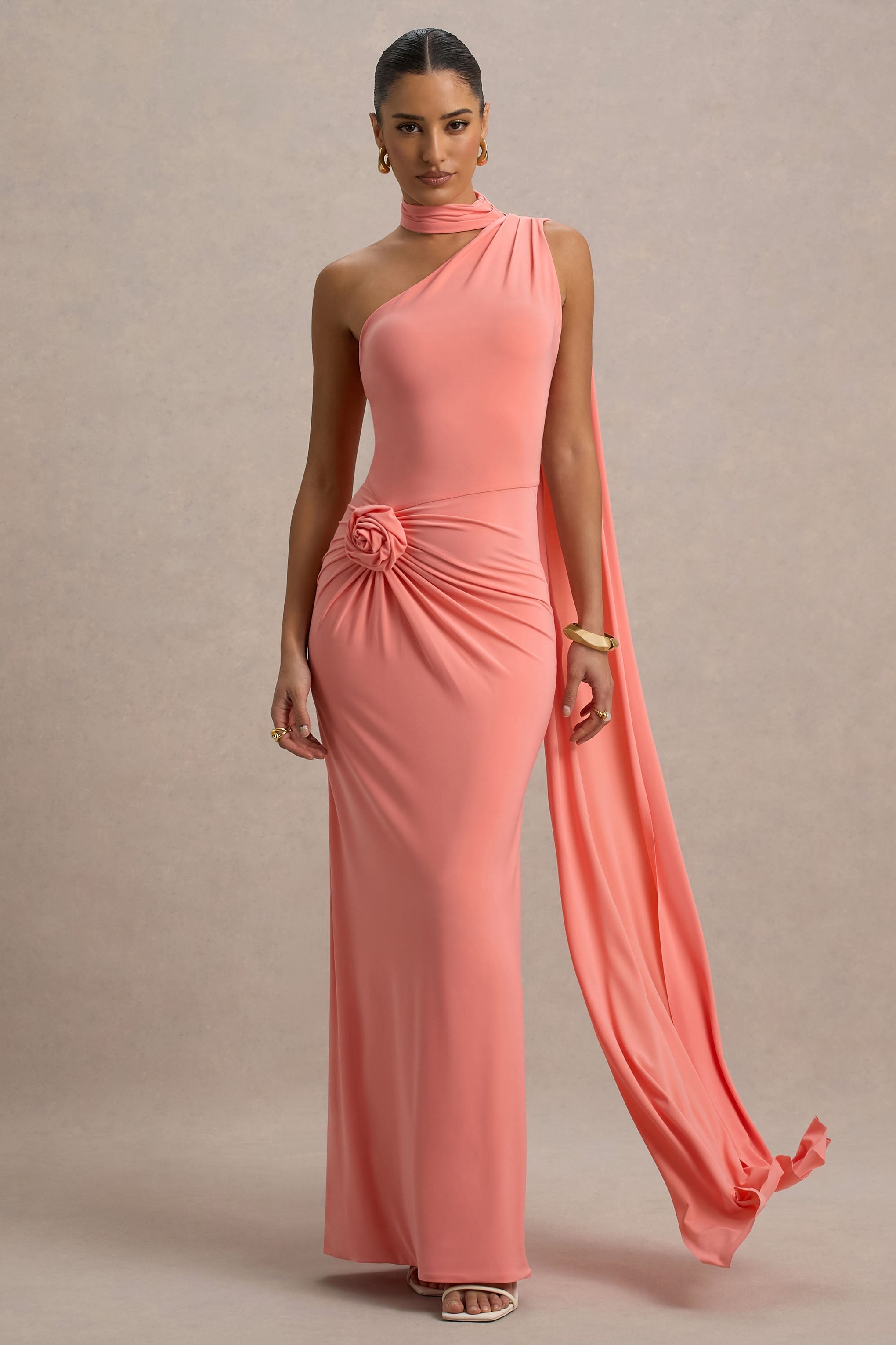 Rita | Coral Asymmetric Wrap Maxi Dress With Scarf
