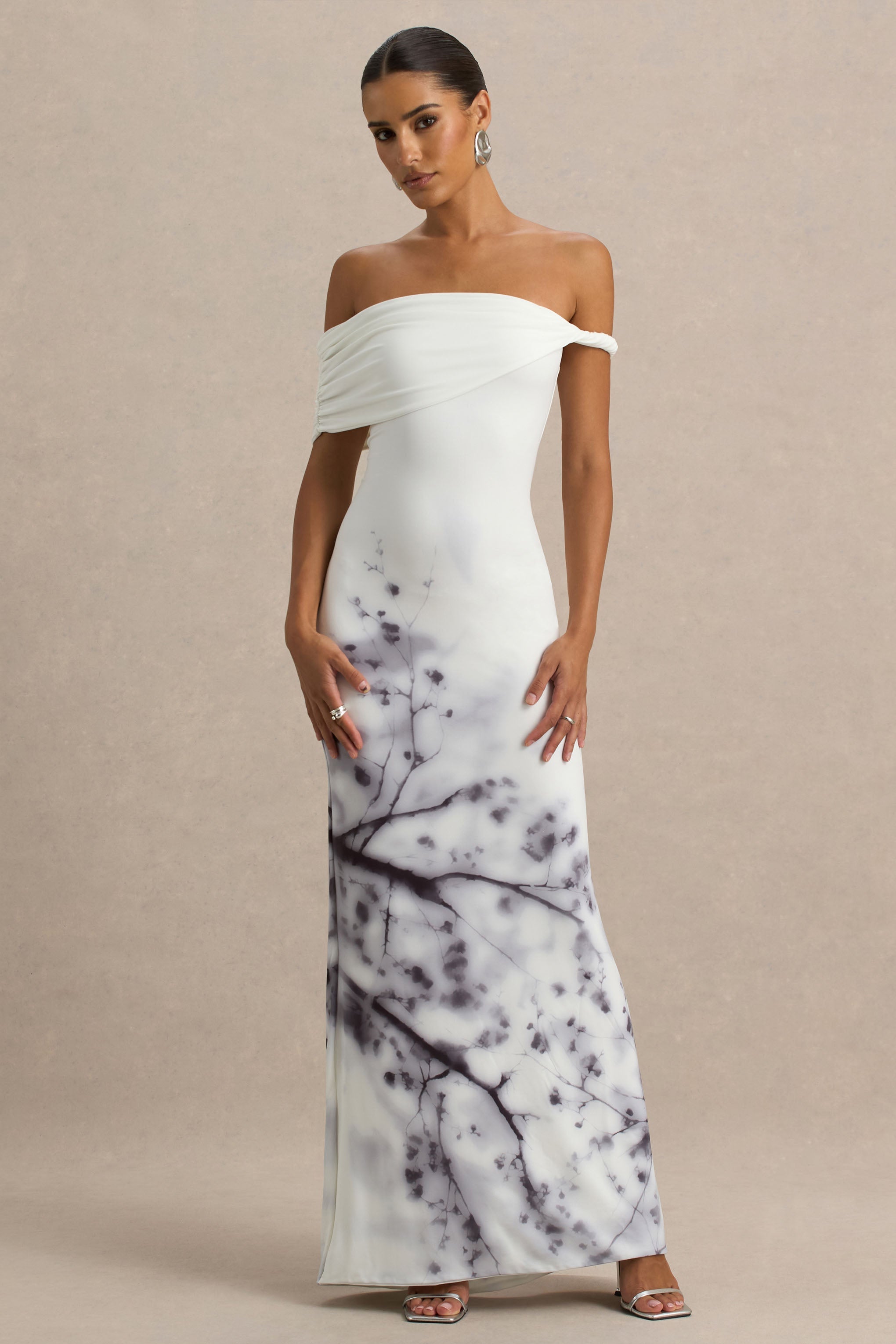 Sachi | White Print Twisted Bardot Maxi Dress