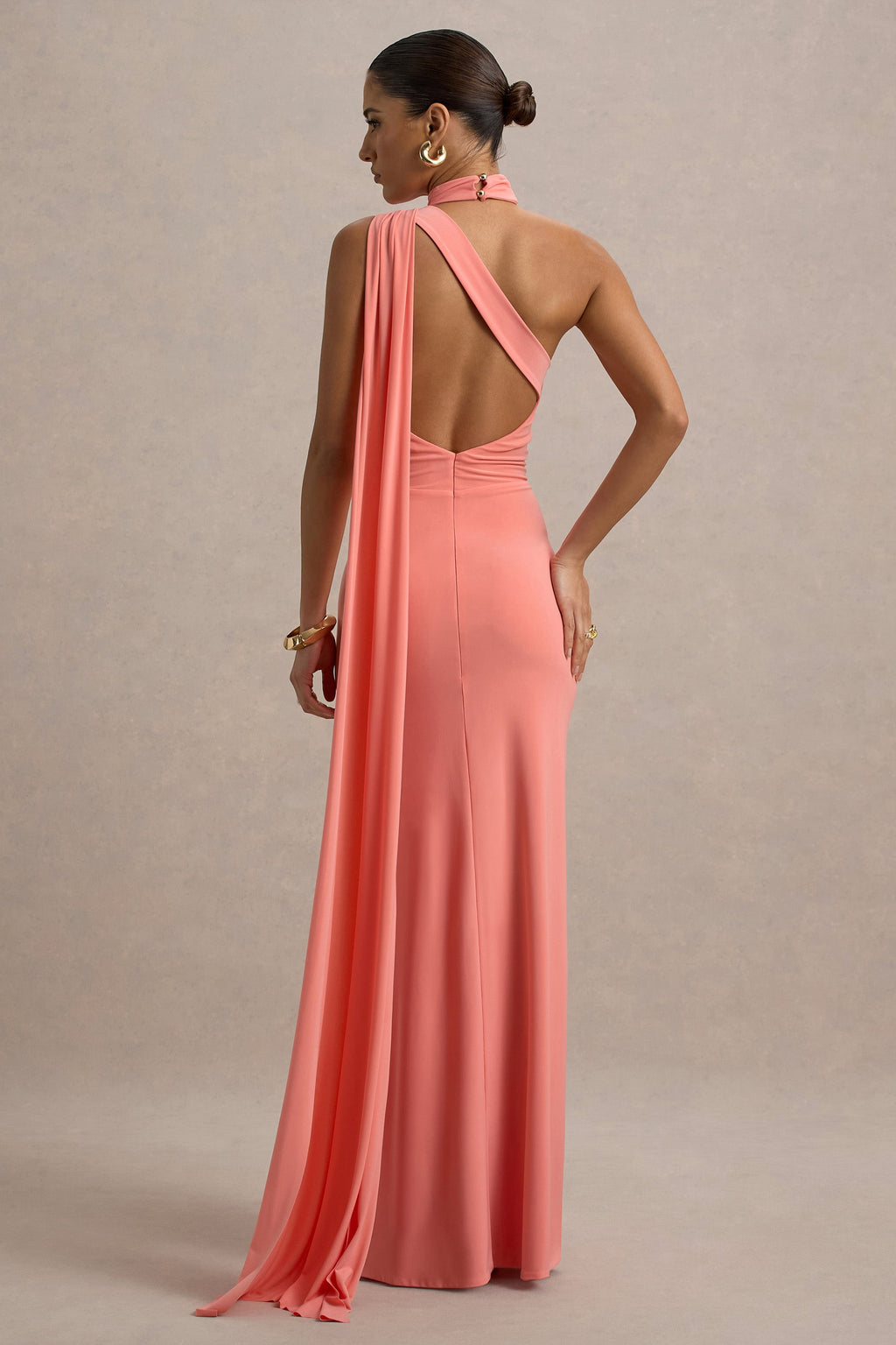 Rita | Coral Asymmetric Wrap Maxi Dress With Scarf