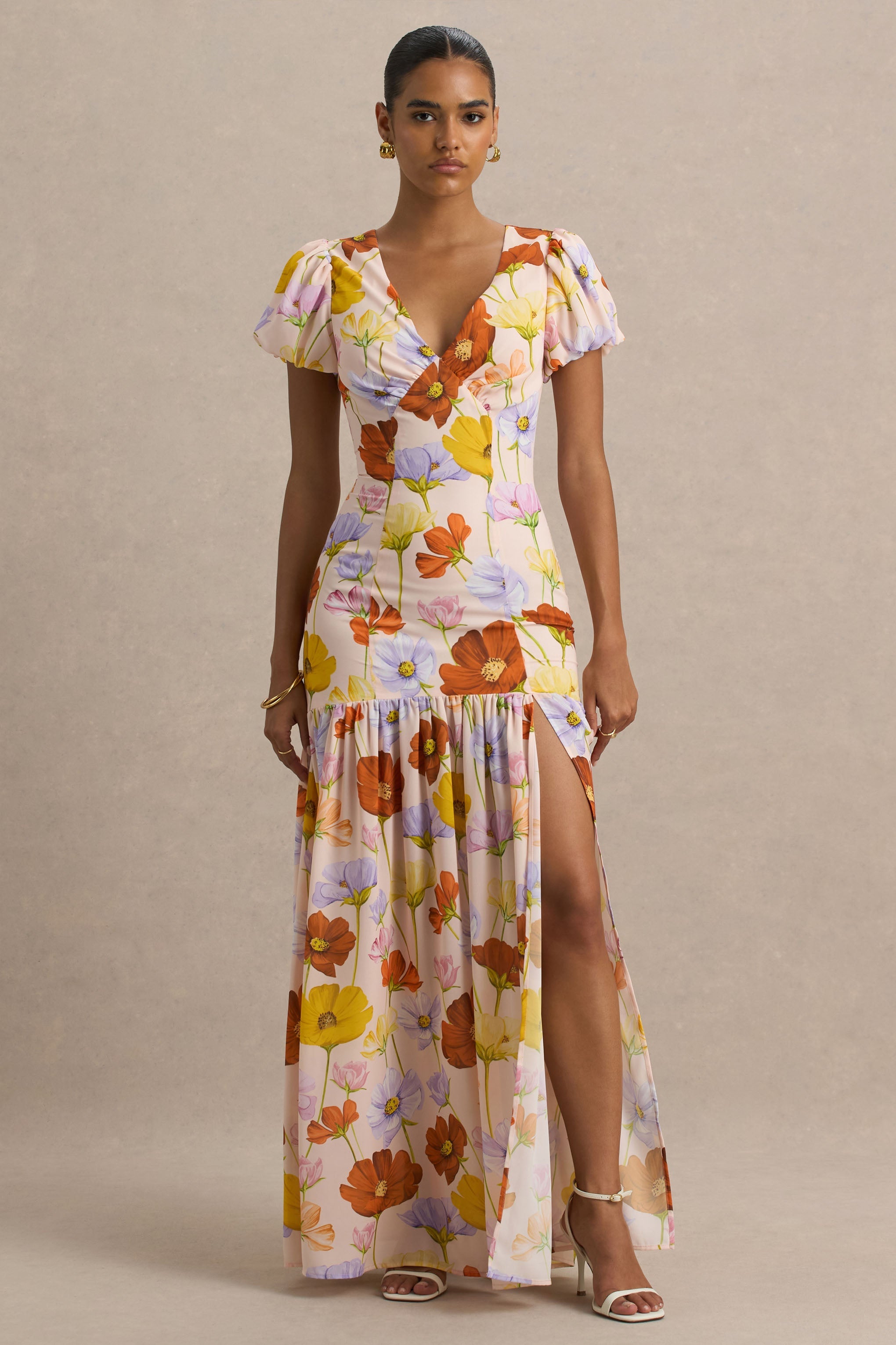 Ginny | Bright Floral Print Puff-Sleeve Split Maxi Dress