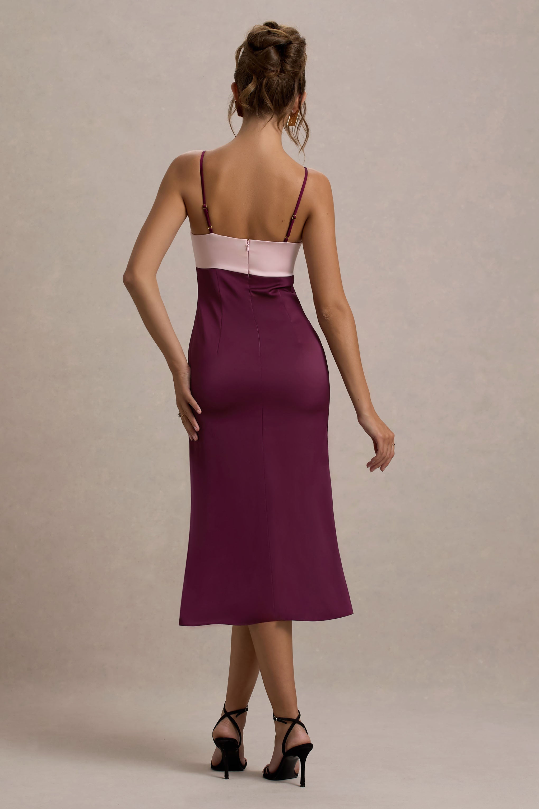 Andretti | Burgundy & Pink Satin Strappy Midi Dress