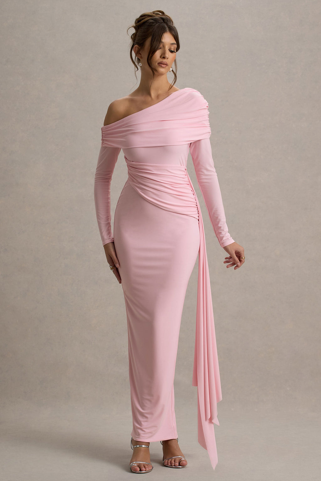 Valina | Pink Ruched Asymmetric Maxi Dress With Drape