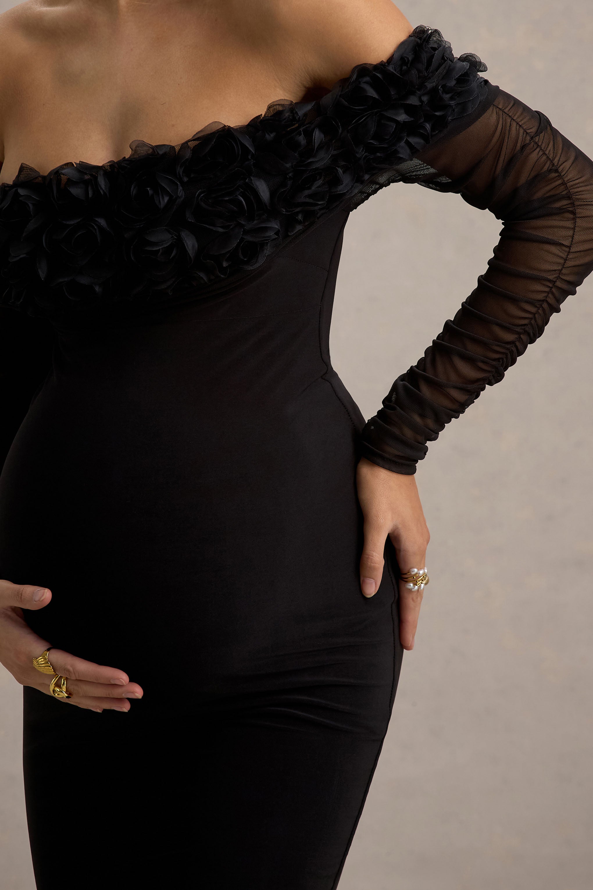 Adita | Black Mesh Floral Bardot Maternity Midi Dress