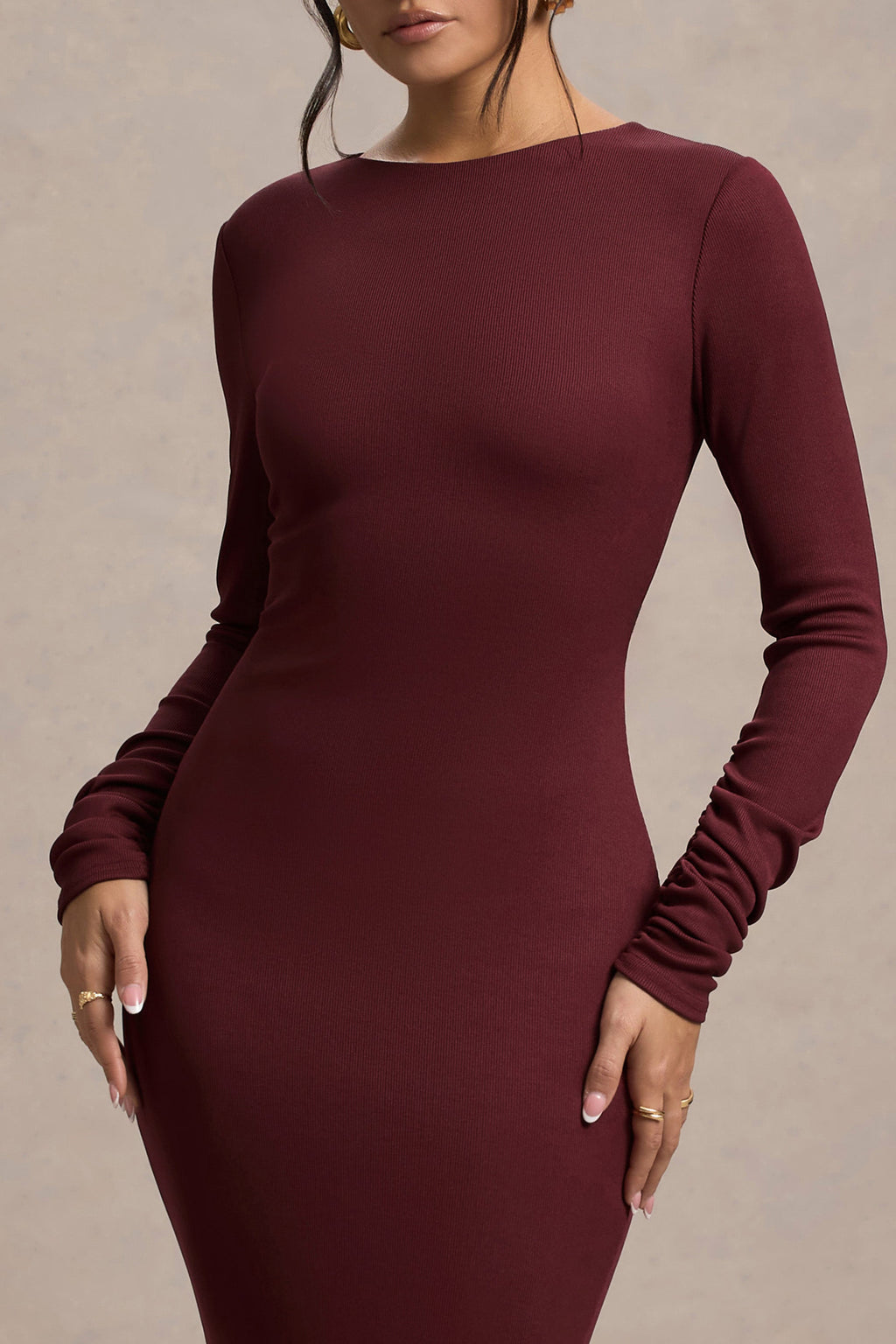 Madden | Plum Rib Knit Cowl-Back Midi Dress