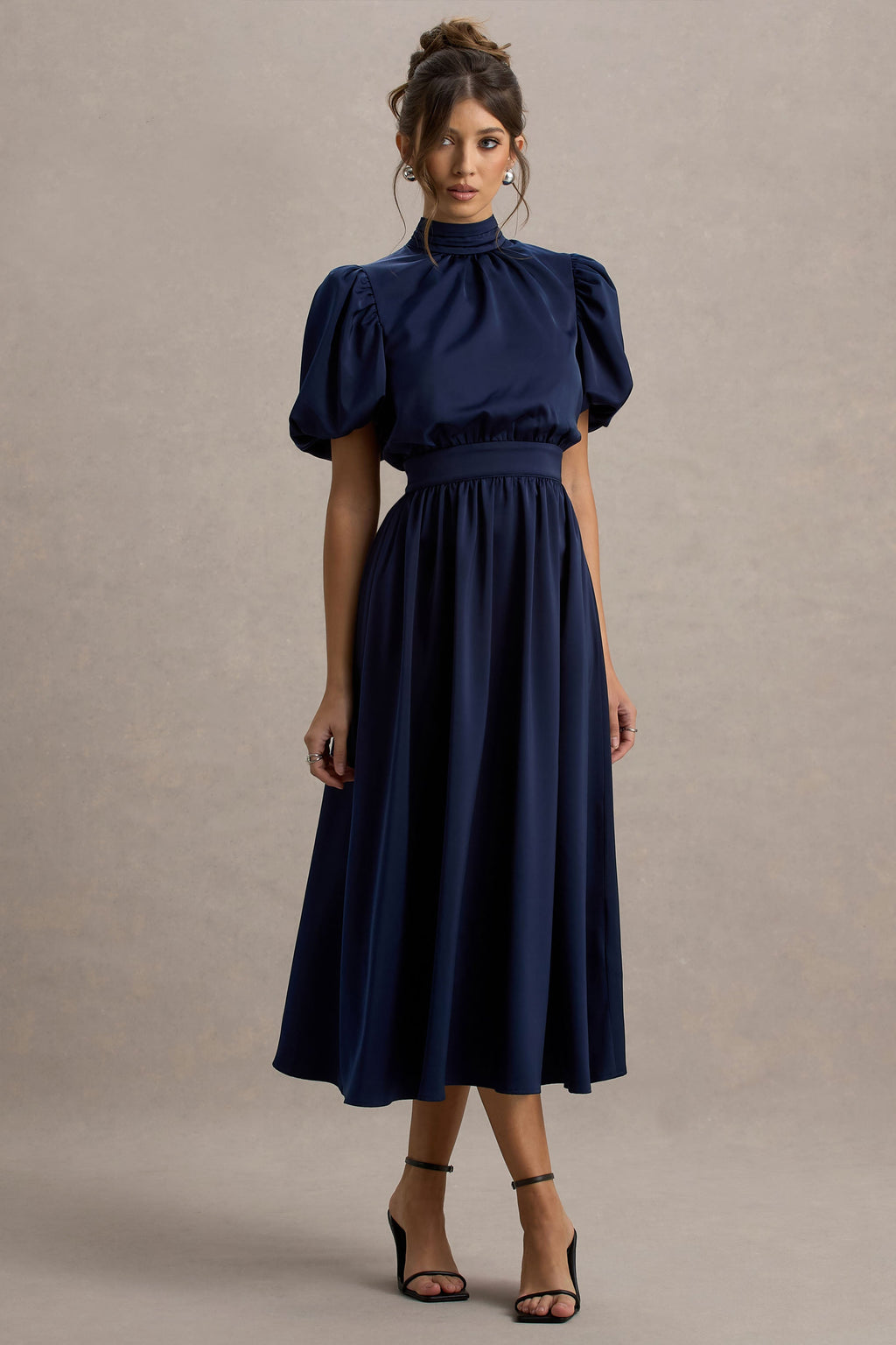 Persea | Navy Satin Puff-Sleeve Midi Dress With Bow