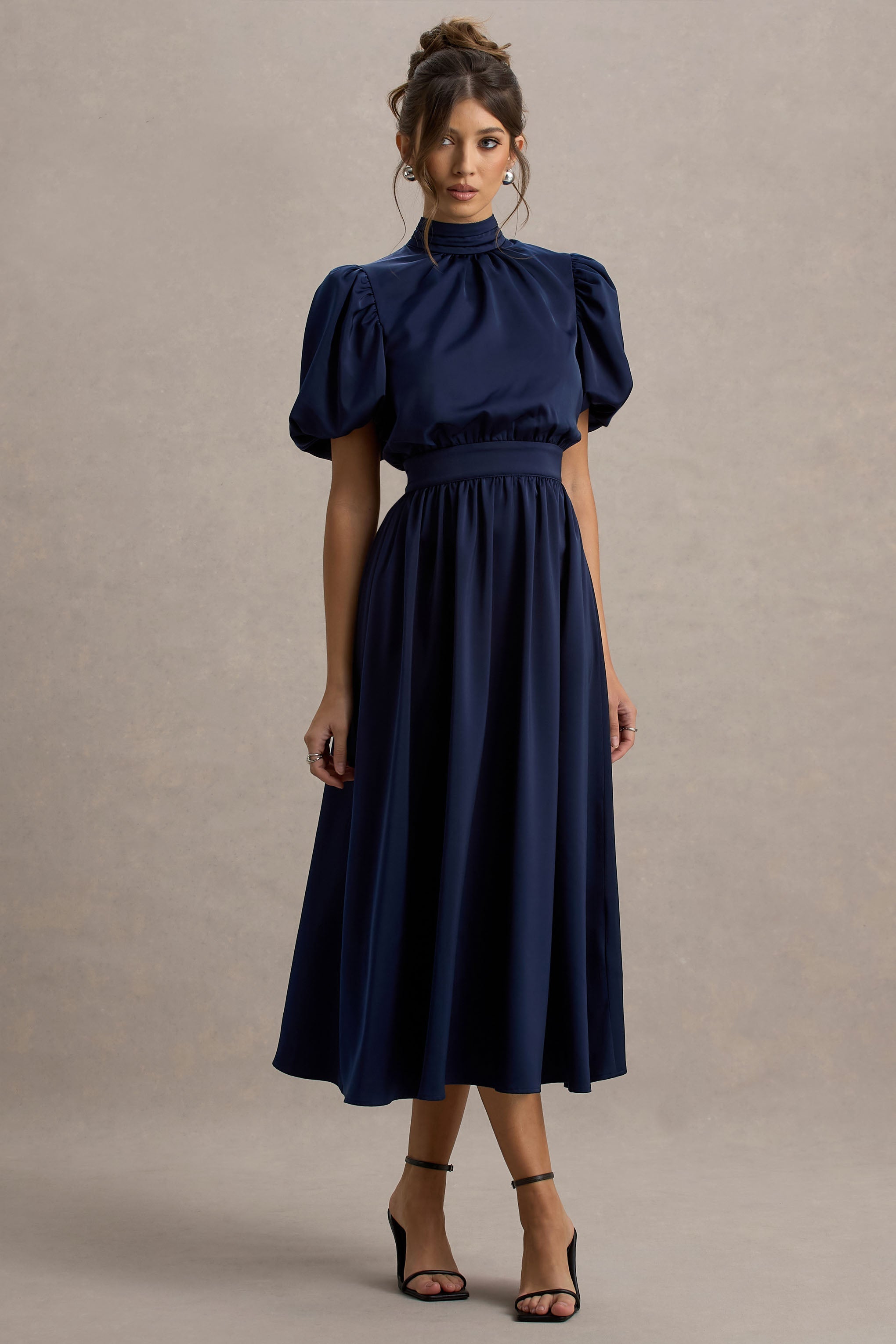 Persea | Navy Satin Puff-Sleeve Midi Dress With Bow