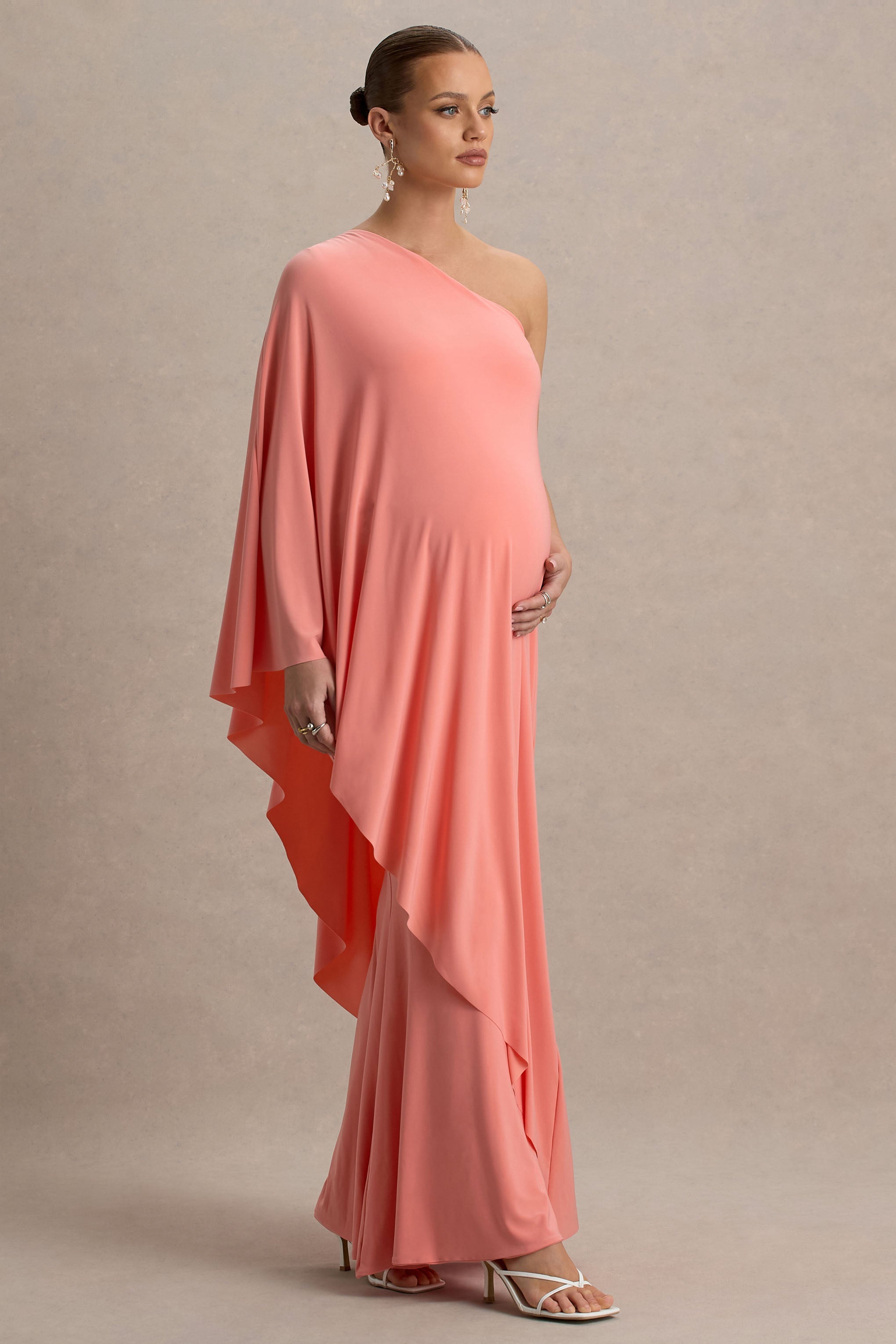 Waves | Coral Asymmetric Maternity Maxi Dress With One-Sleeve Cape