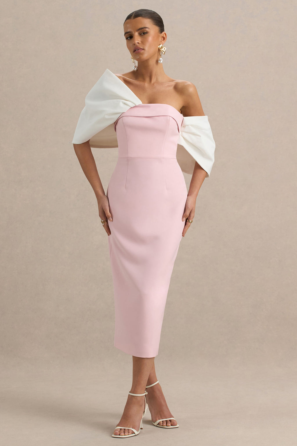 Lucille | Rose Pink & White Asymmetric Bardot Midi Dress