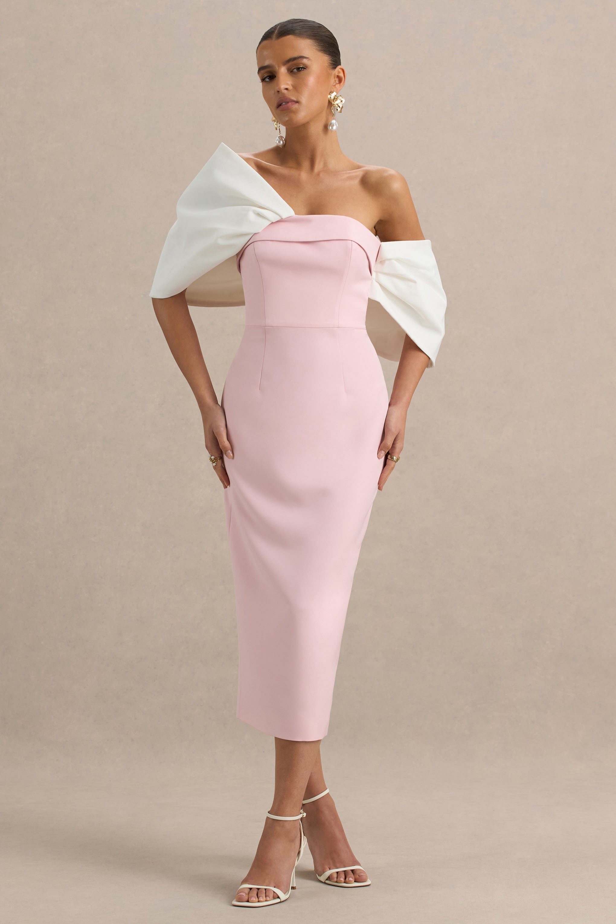 Lucille | Rose Pink & White Asymmetric Bardot Midi Dress