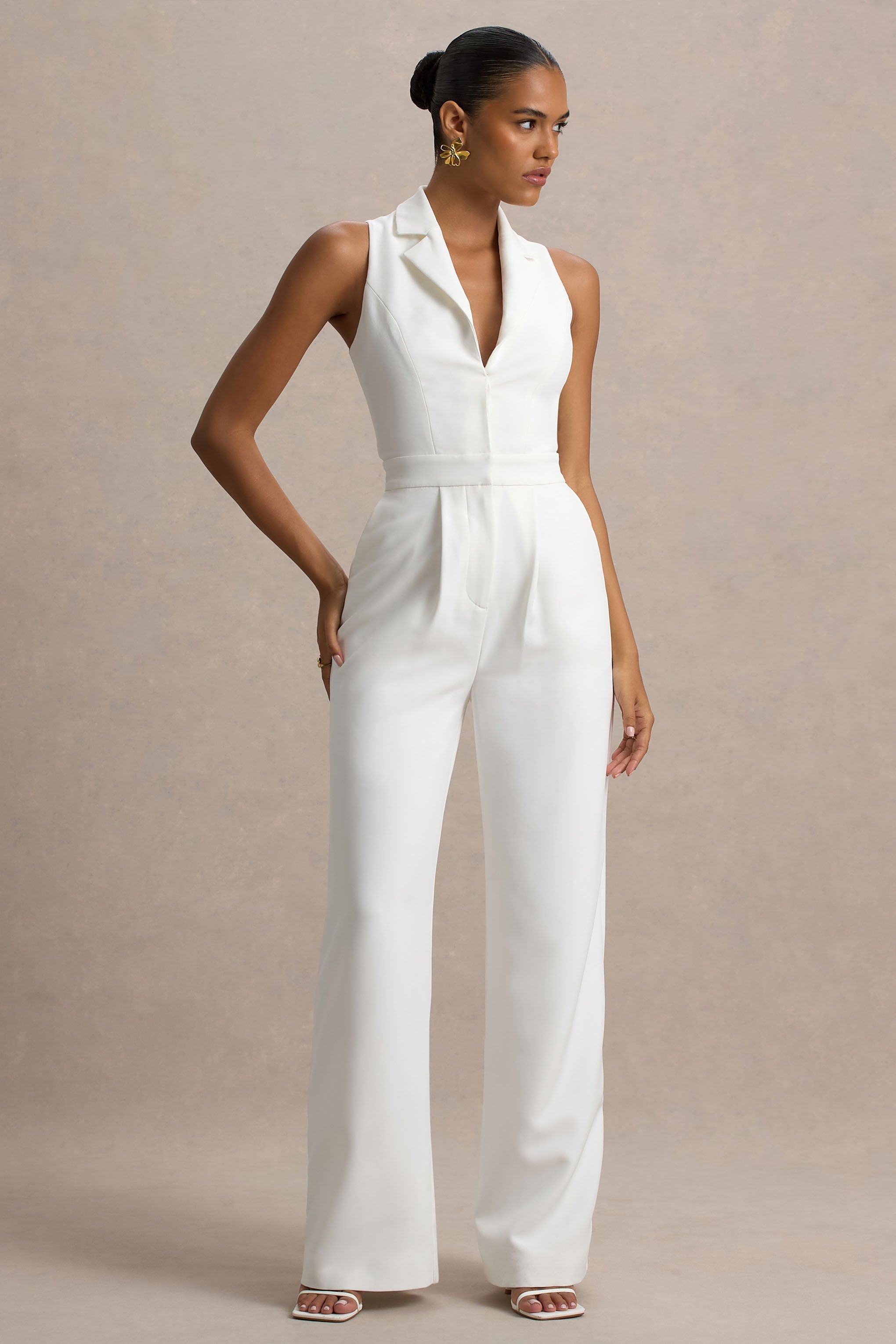 Trixie | White Plunge-Neck Tailored Jumpsuit
