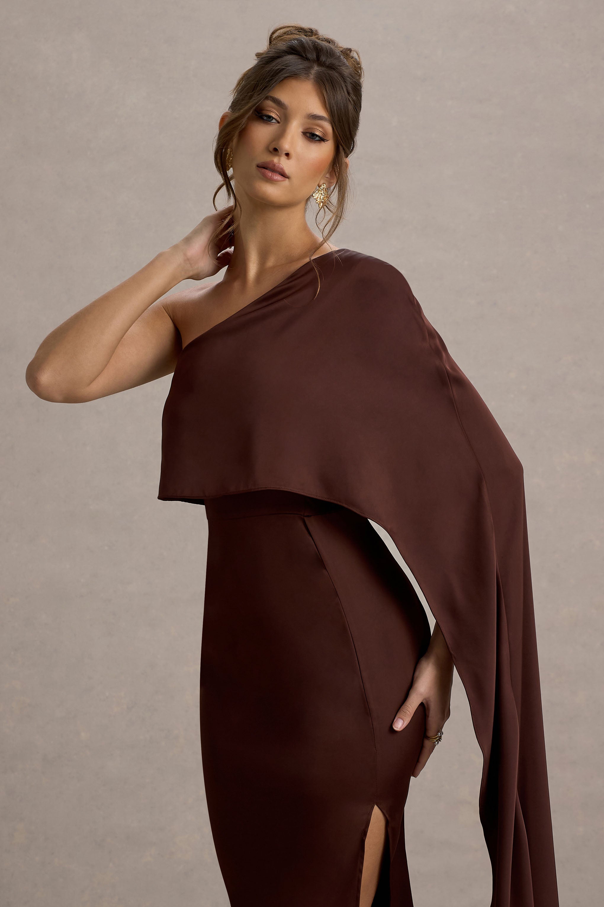 Amora | Brown Satin Asymmetric Cape-Sleeve Split Maxi Dress