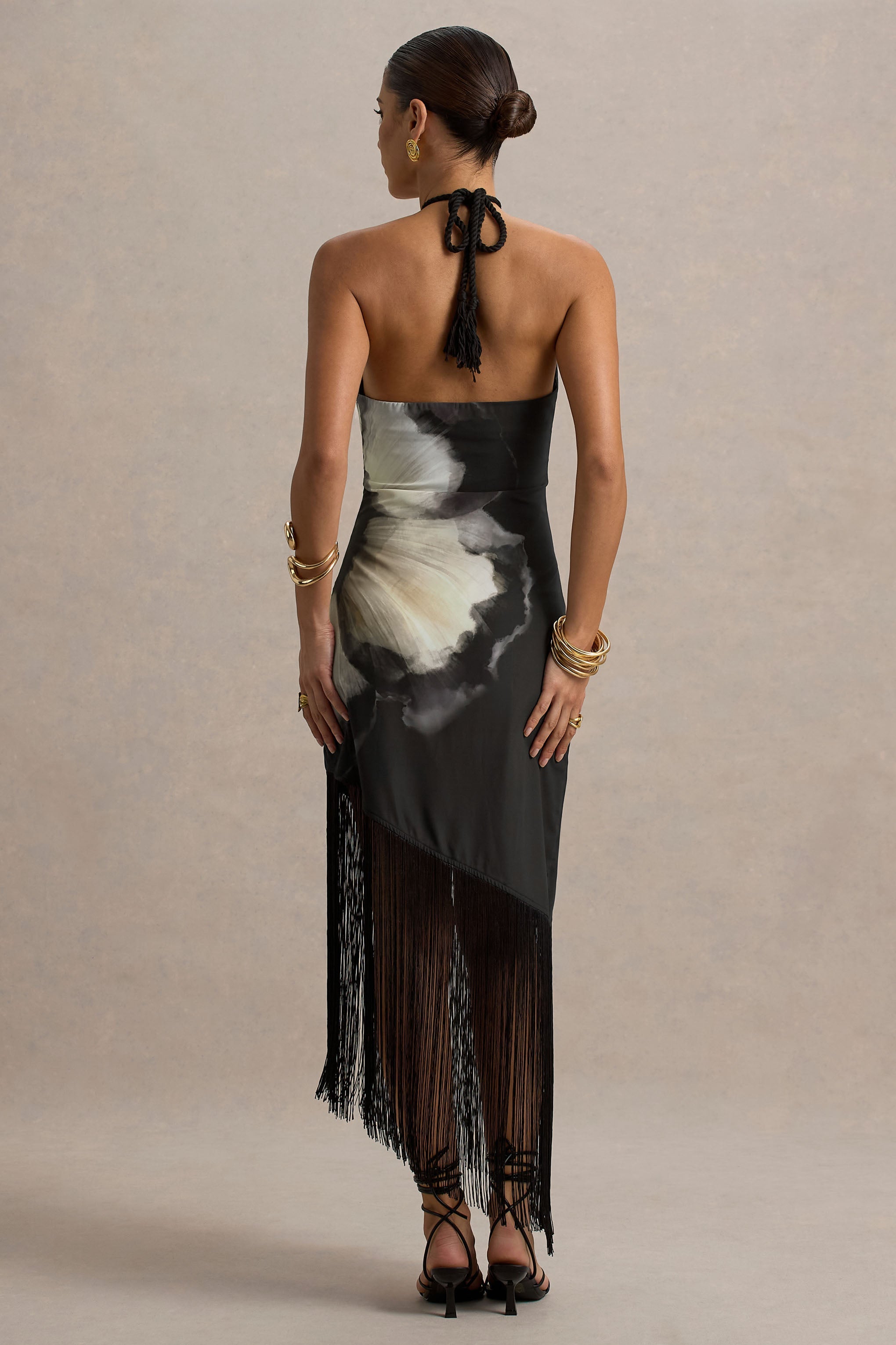 Dhalia | Black Floral Print Halter-Neck Fringe Maxi Dress