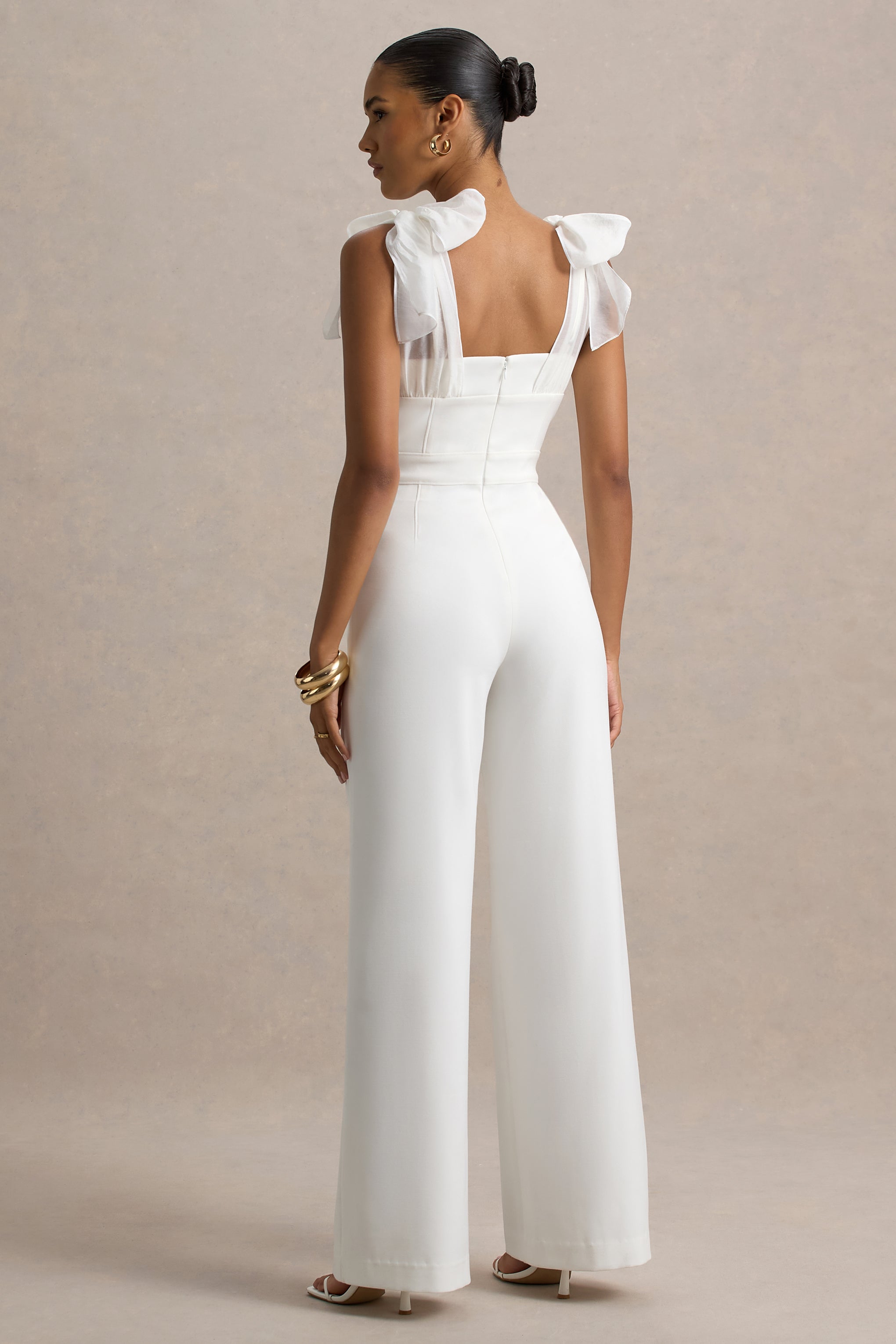 Claudelle | White Flared-Leg Jumpsuit With Organza Bow Straps