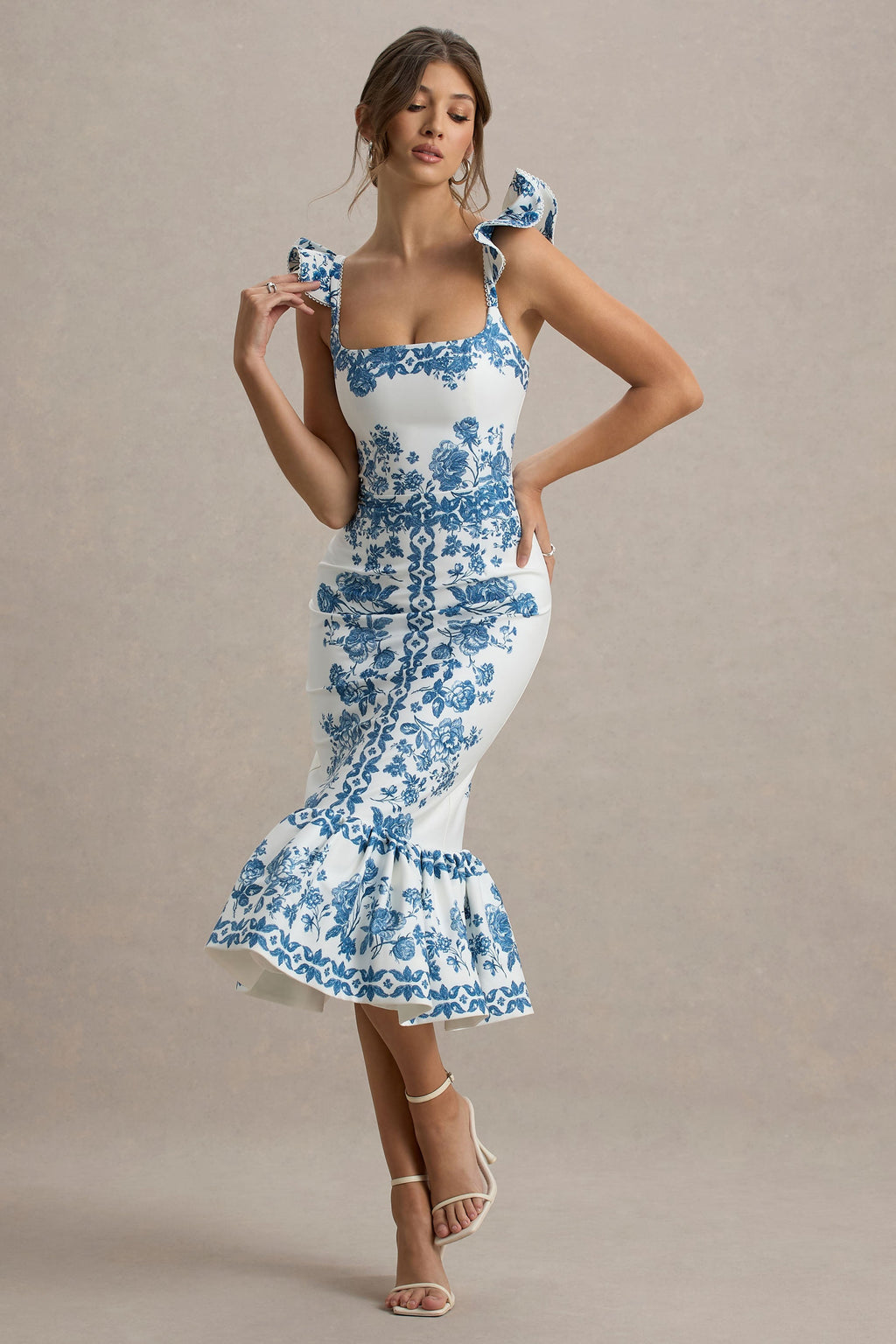 Sarey | Blue Porcelain Print Ruffle Midi Dress