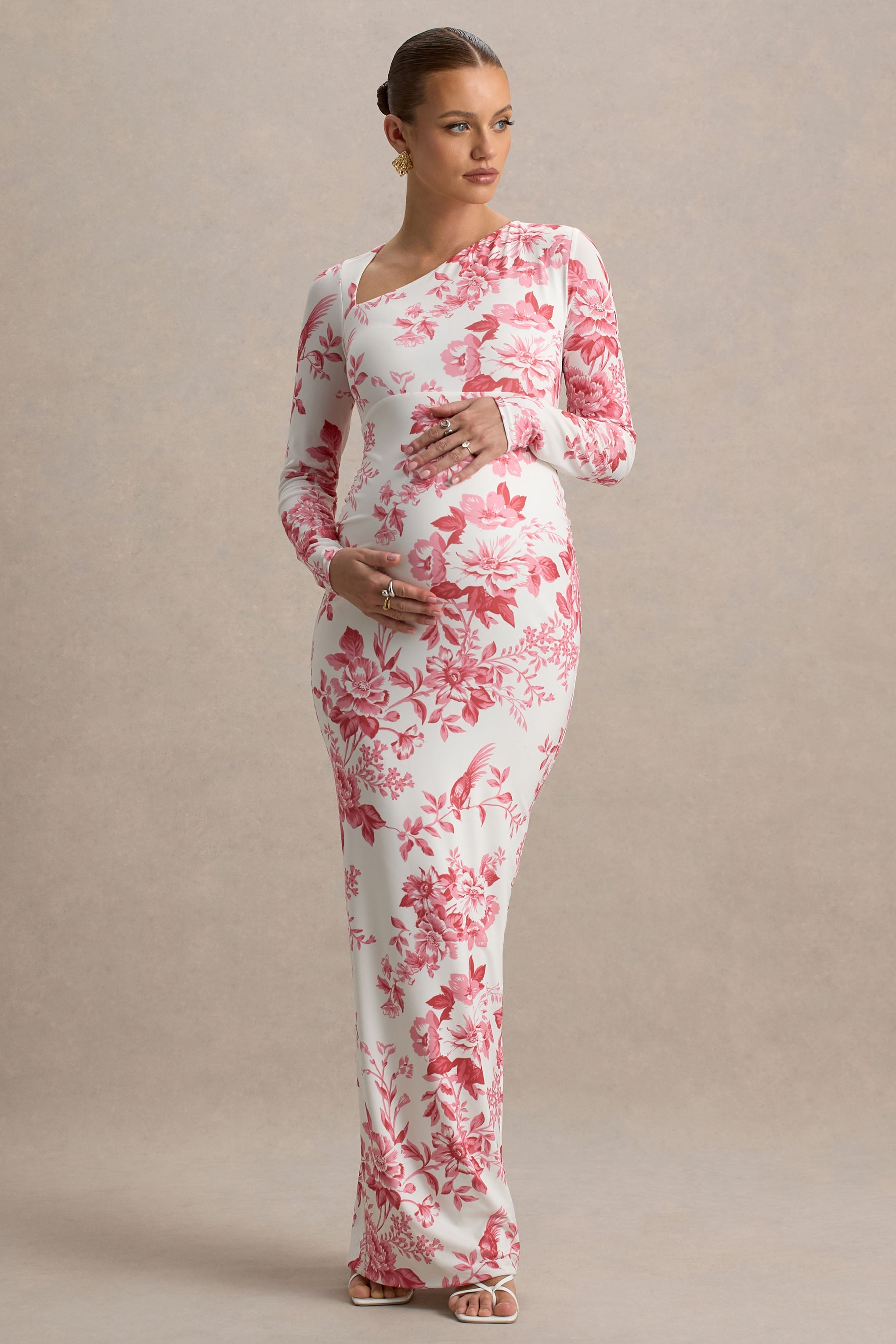 Vanette | Pink Floral Print Asymmetric Long-Sleeve Maternity Maxi Dress