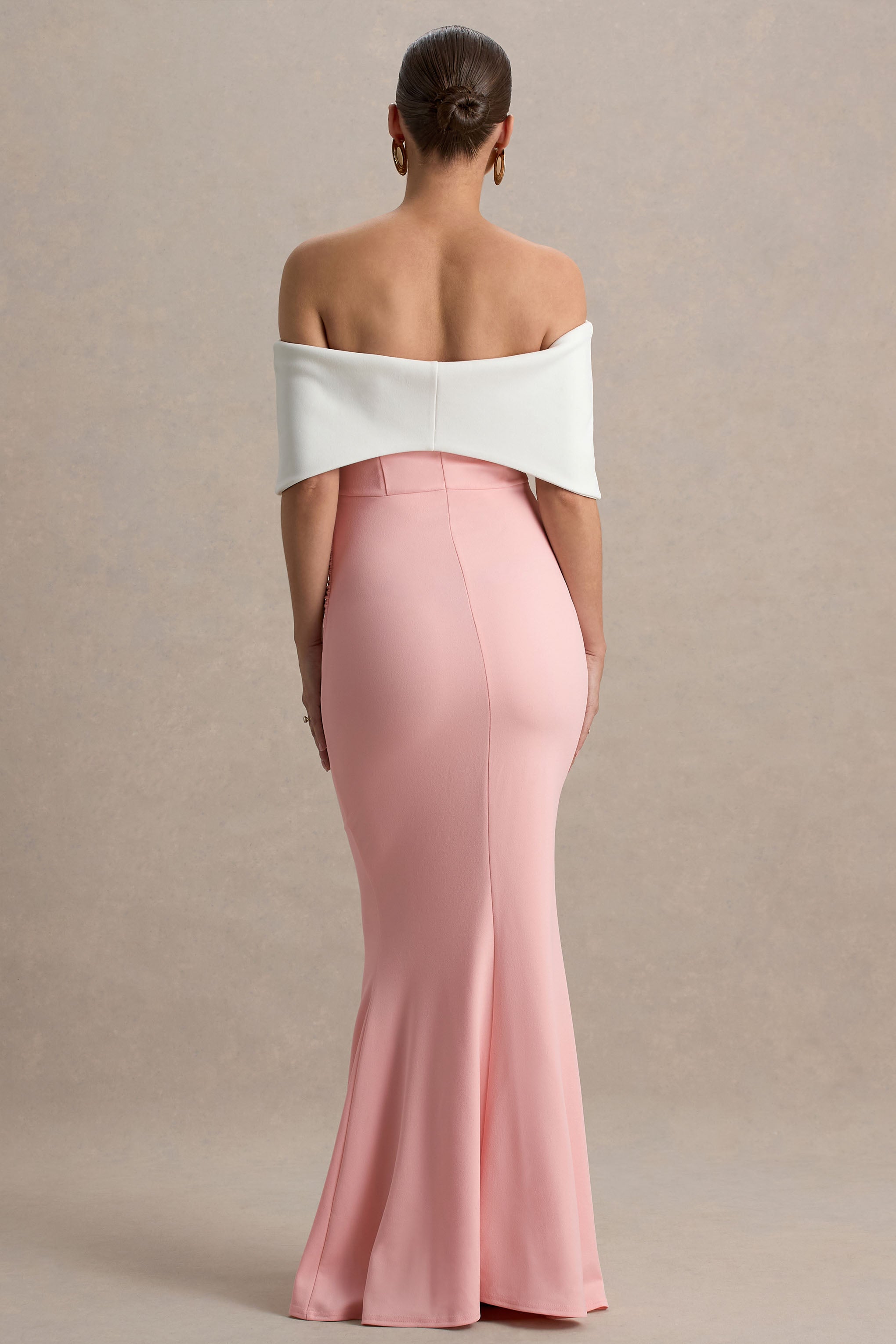 Libra | Pink & White Bow Bardot Maternity Maxi Dress