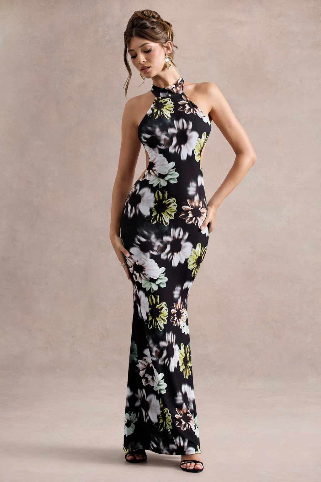 Tuscany | Black Floral Print Halter-Neck Split Maxi Dress